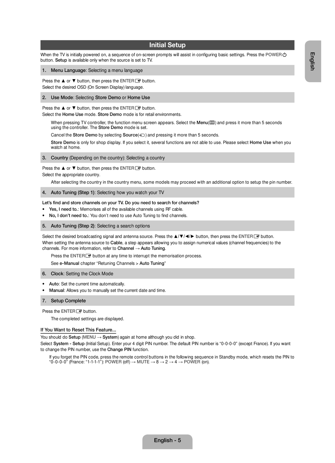 Samsung UE39EH5003WXZF manual Initial Setup 