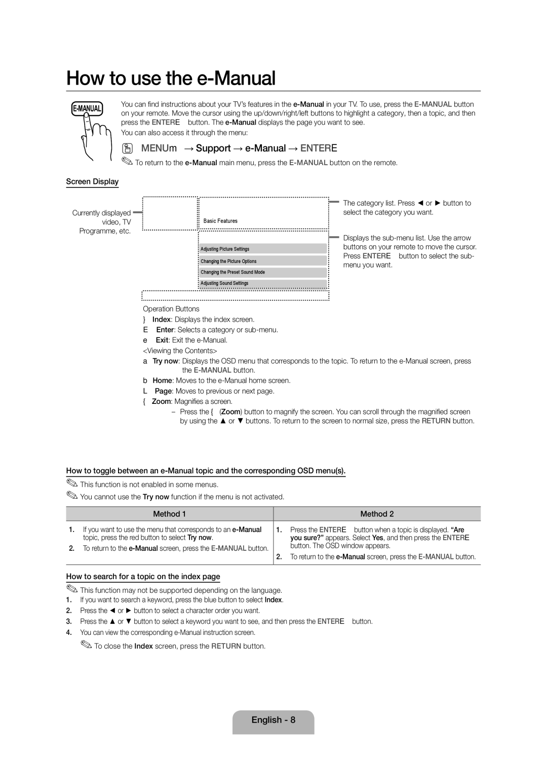 Samsung UE39EH5003WXZF manual Screen Display, Method, How to search for a topic on the index 