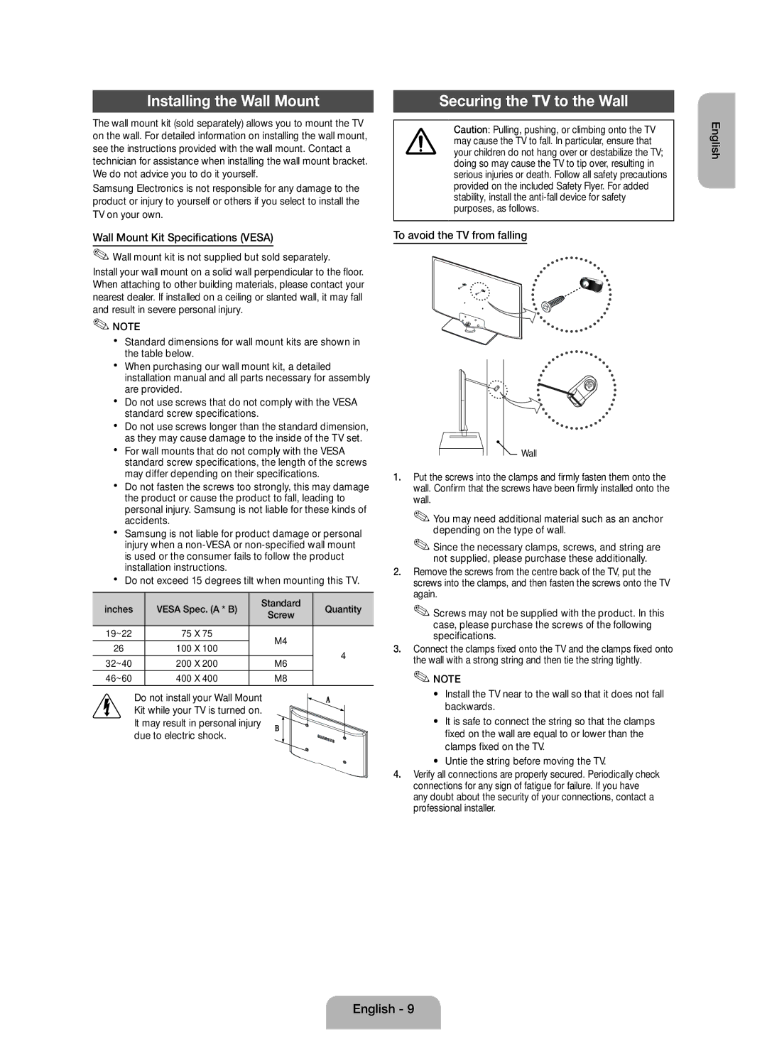 Samsung UE39EH5003WXZF Installing the Wall Mount, Securing the TV to the Wall, Wall Mount Kit Specifications Vesa, English 