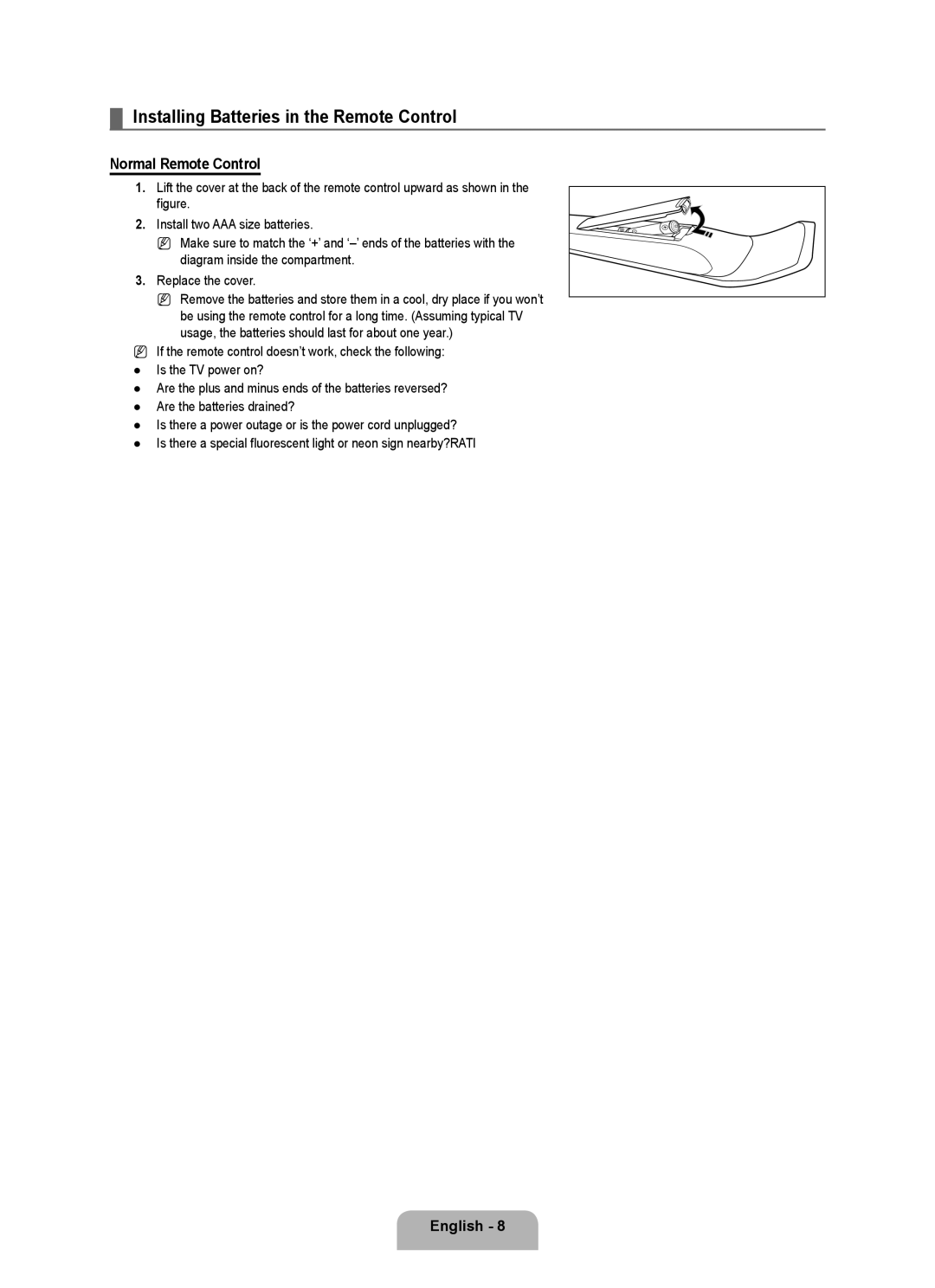 Samsung UE40B6000VWXZG, UE40B6000VWXXN, UE40B6000VWXUA Installing Batteries in the Remote Control, Normal Remote Control 