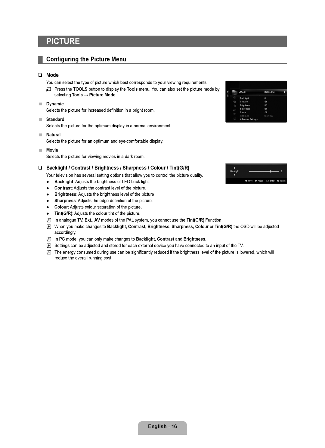 Samsung UE40B6000VWXZG, UE40B6000VWXXN, UE40B6000VWXUA, UE40B6000VWXXU, UE46B6000VWXXN Configuring the Picture Menu, Mode 