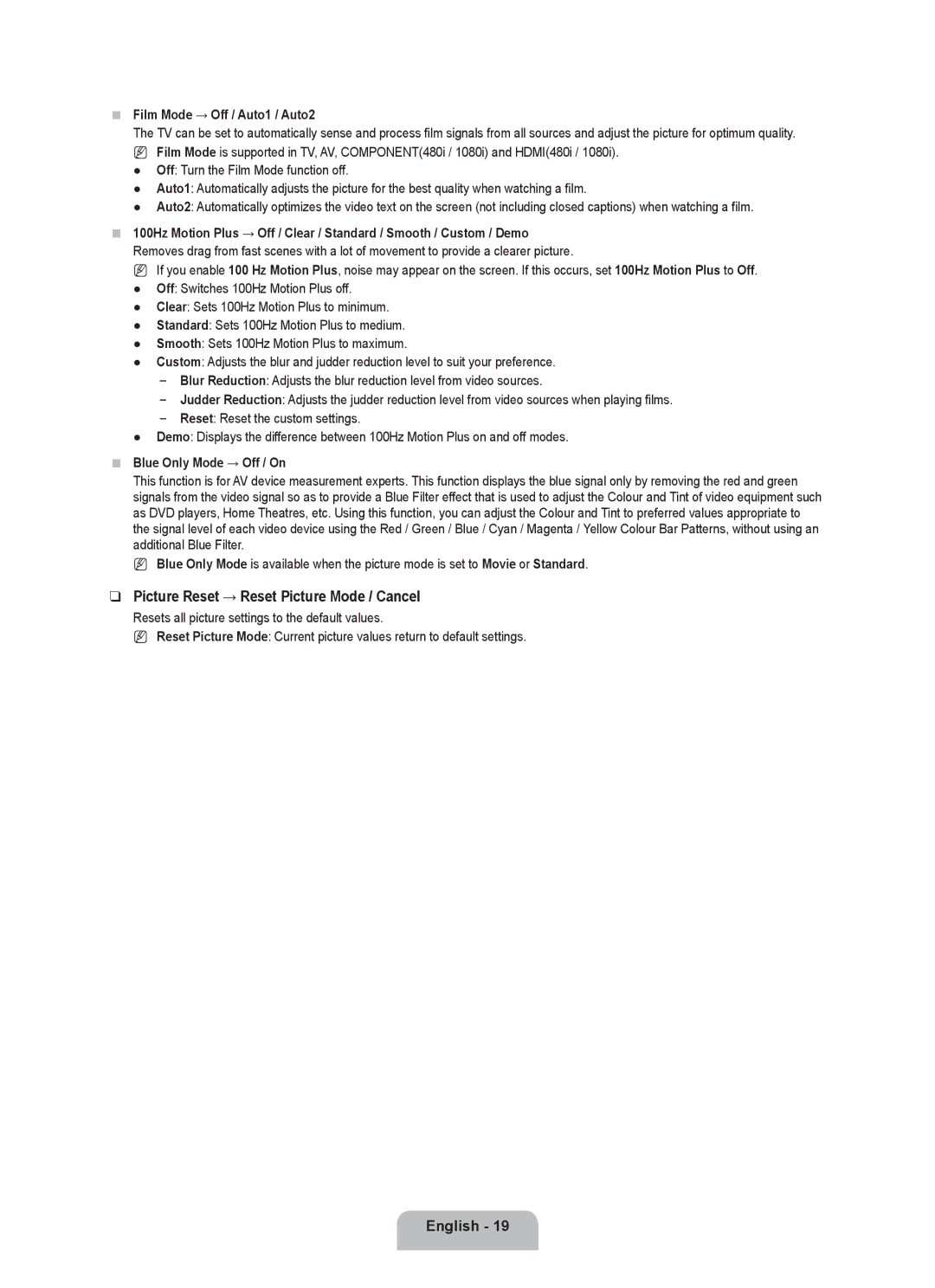 Samsung UE46B6000VWXUA, UE40B6000VWXXN manual Picture Reset → Reset Picture Mode / Cancel, Film Mode → Off / Auto1 / Auto2 
