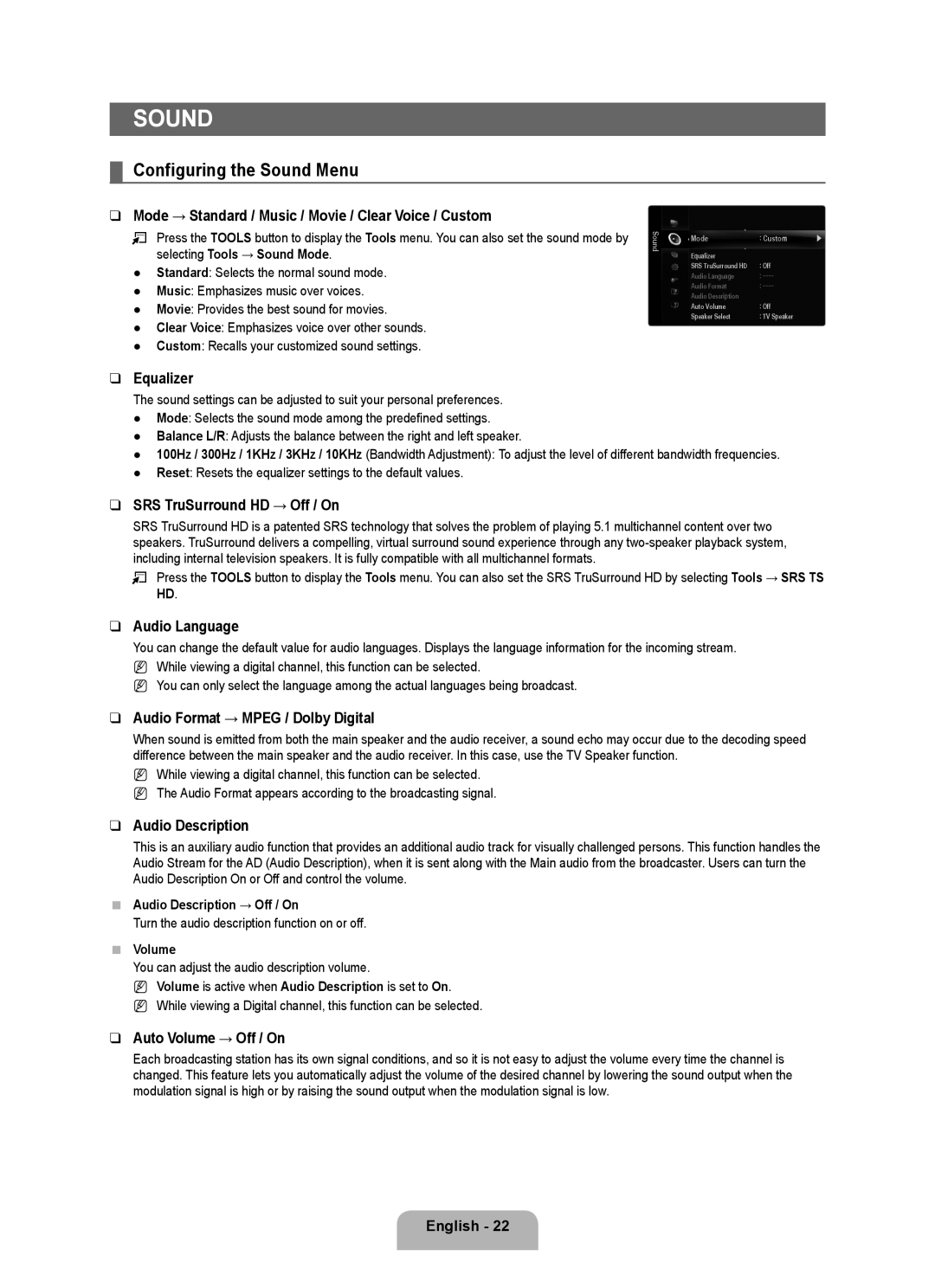 Samsung UE40B6000VWXXN, UE40B6000VWXUA, UE40B6000VWXZG, UE40B6000VWXXU, UE46B6000VWXXN manual Configuring the Sound Menu 