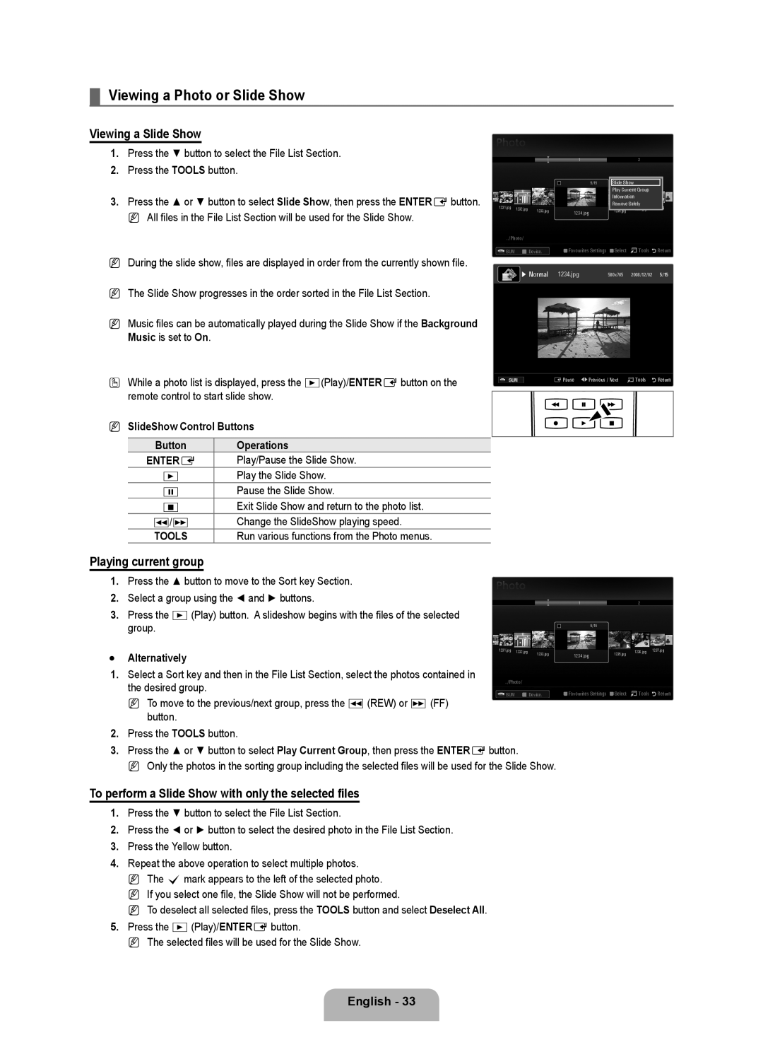 Samsung UE40B6000VWXXU, UE40B6000VWXXN Viewing a Photo or Slide Show, Viewing a Slide Show, Playing current group, Tools 