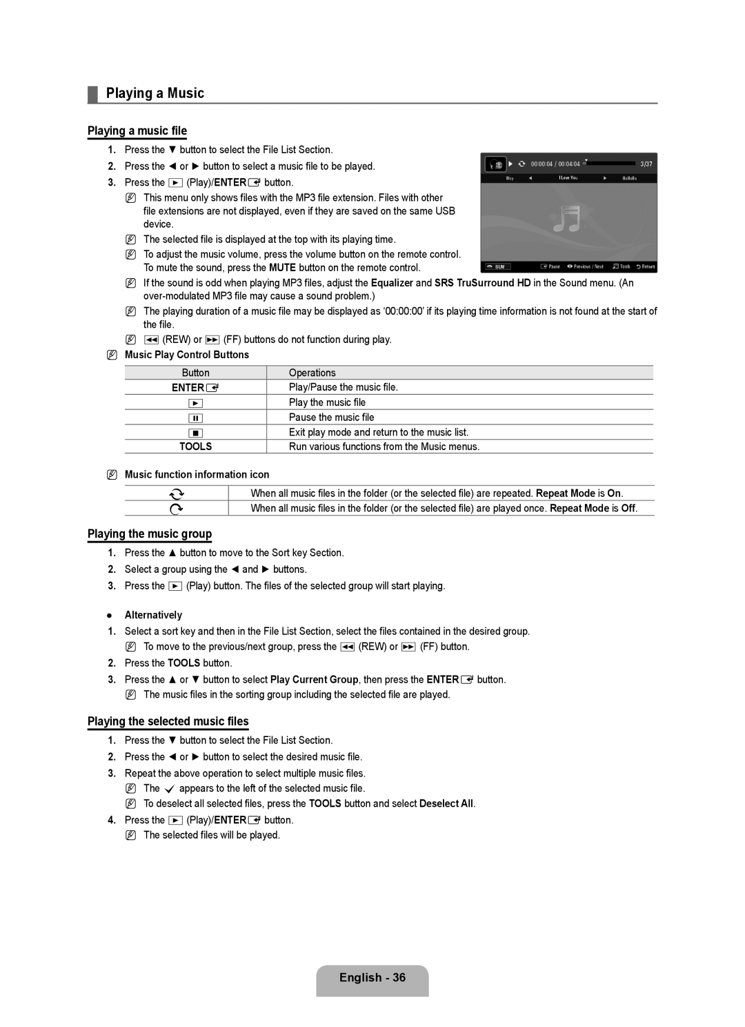Samsung UE46B6000VWXZG Playing a Music, Playing a music file, Playing the music group, Playing the selected music files 