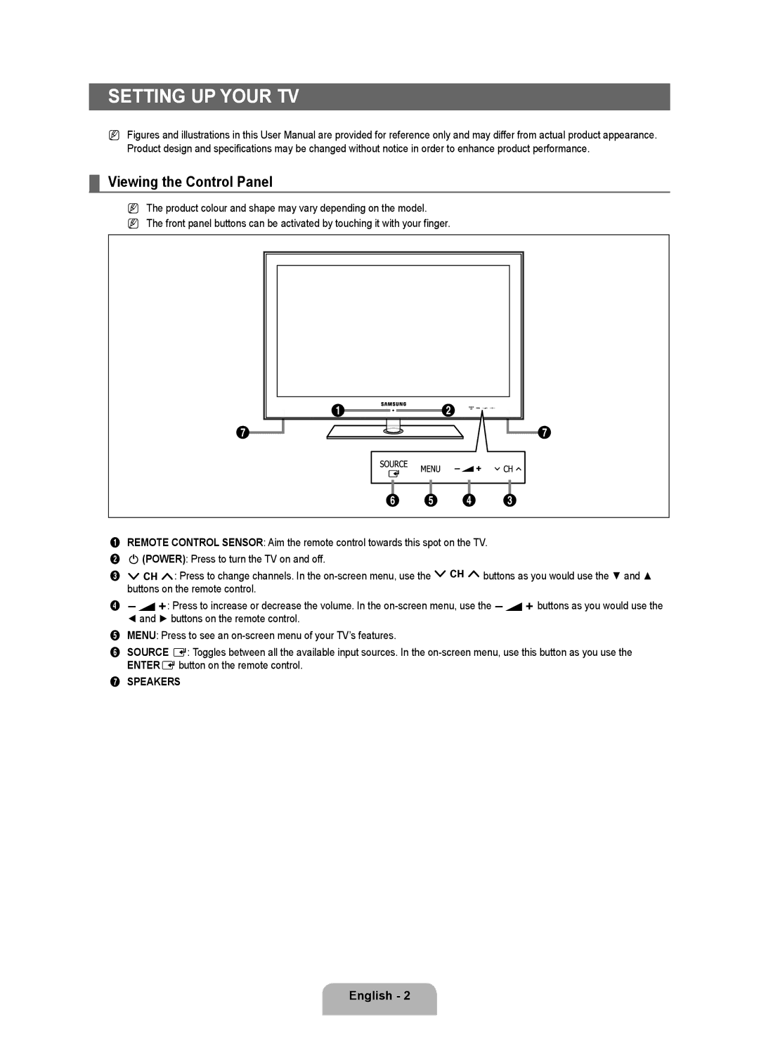 Samsung UE46B6000VWXXN, UE40B6000VWXXN, UE40B6000VWXUA, UE40B6000VWXZG, UE40B6000VWXXU Viewing the Control Panel, Speakers 