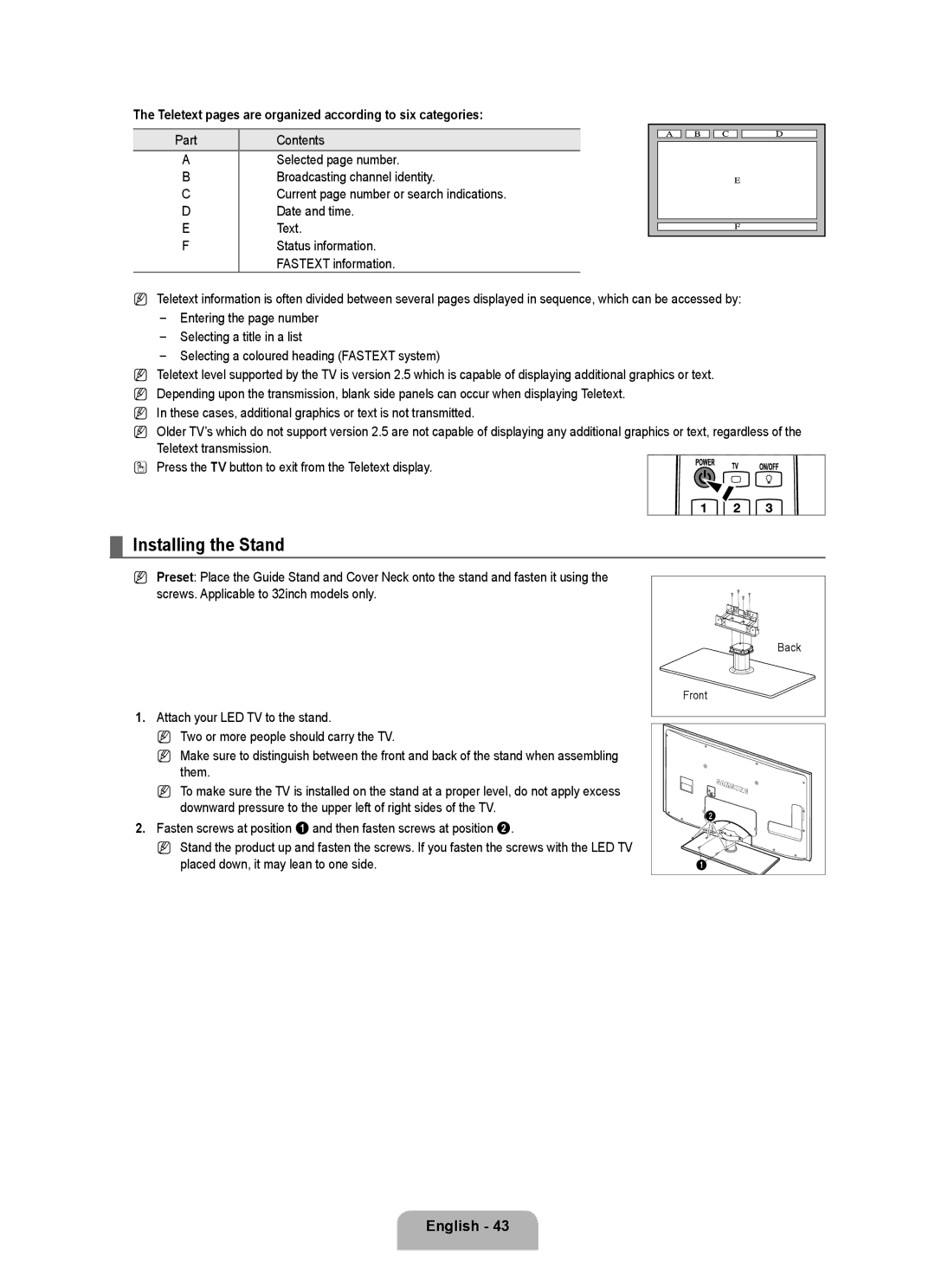 Samsung UE46B6000VWXUA, UE40B6000VWXXN manual Installing the Stand, Teletext pages are organized according to six categories 