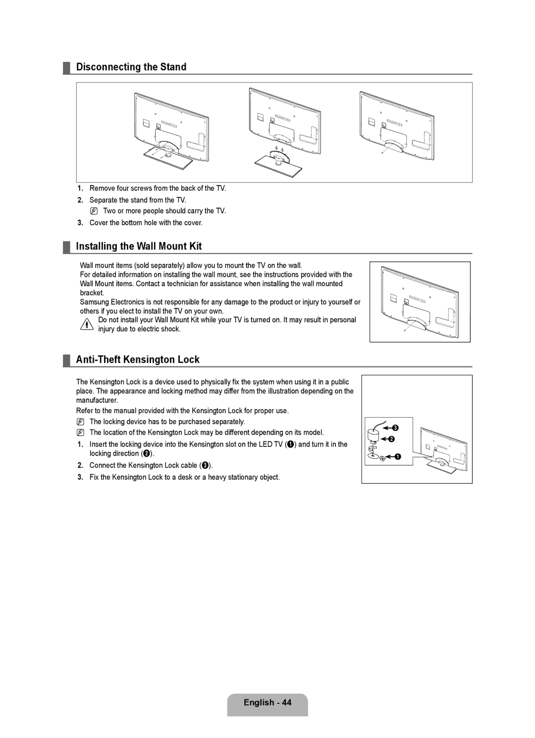 Samsung UE46B6000VWXZG, UE40B6000VWXXN Disconnecting the Stand, Installing the Wall Mount Kit, Anti-Theft Kensington Lock 