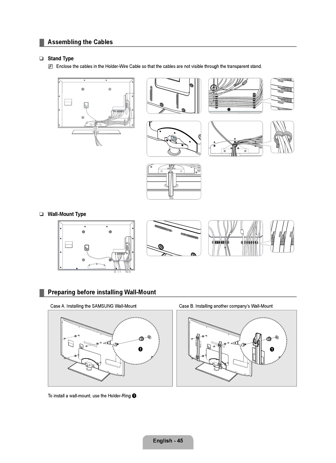 Samsung UE46B6000VWXXC manual Assembling the Cables, Preparing before installing Wall-Mount, Stand Type, Wall-Mount Type 