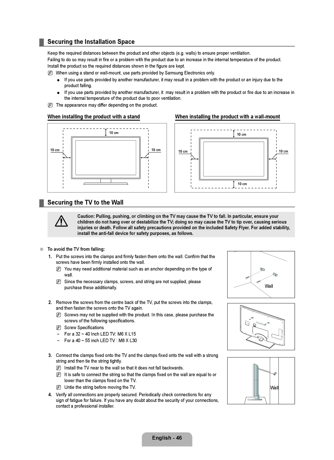 Samsung UE40B6000VWXXN manual Securing the Installation Space, Securing the TV to the Wall, To avoid the TV from falling 