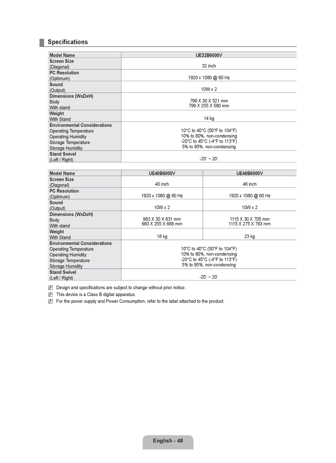 Samsung UE40B6000VWXZG, UE40B6000VWXXN, UE40B6000VWXUA, UE40B6000VWXXU, UE46B6000VWXXN, UE46B6000VWXUA manual Specifications 