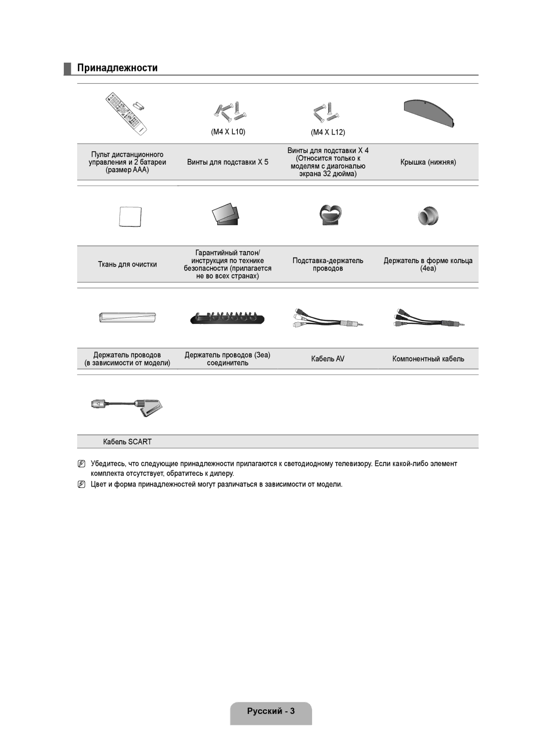 Samsung UE40B6000VWXXU manual Принадлежности, Крышка нижняя, Размер AAA, Ткань для очистки, Кабель AV Компонентный кабель 