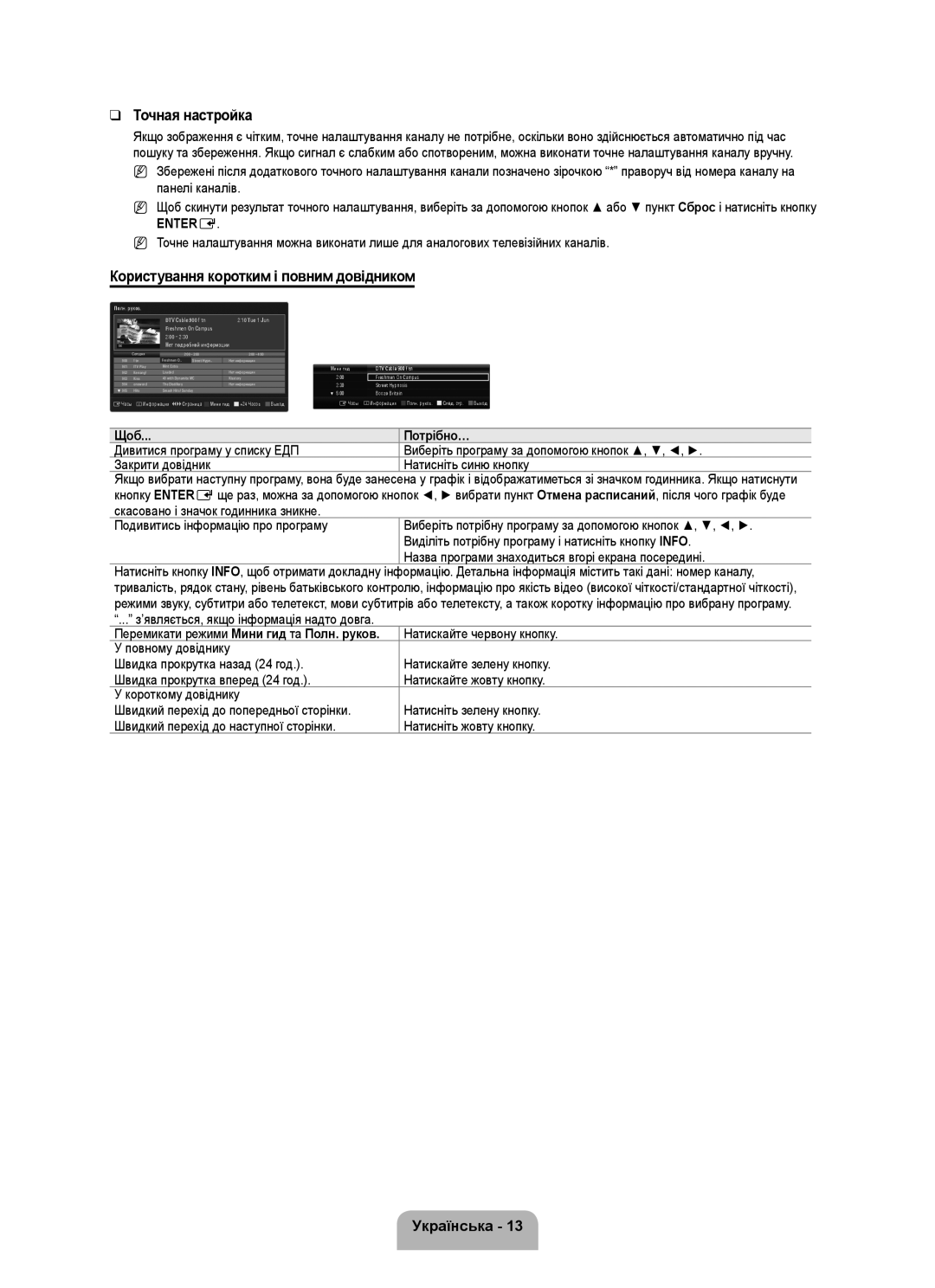 Samsung UE46B6000VWXZG manual Користування коротким і повним довідником, Потрібно…, Точная настройка, Українська, Entere 