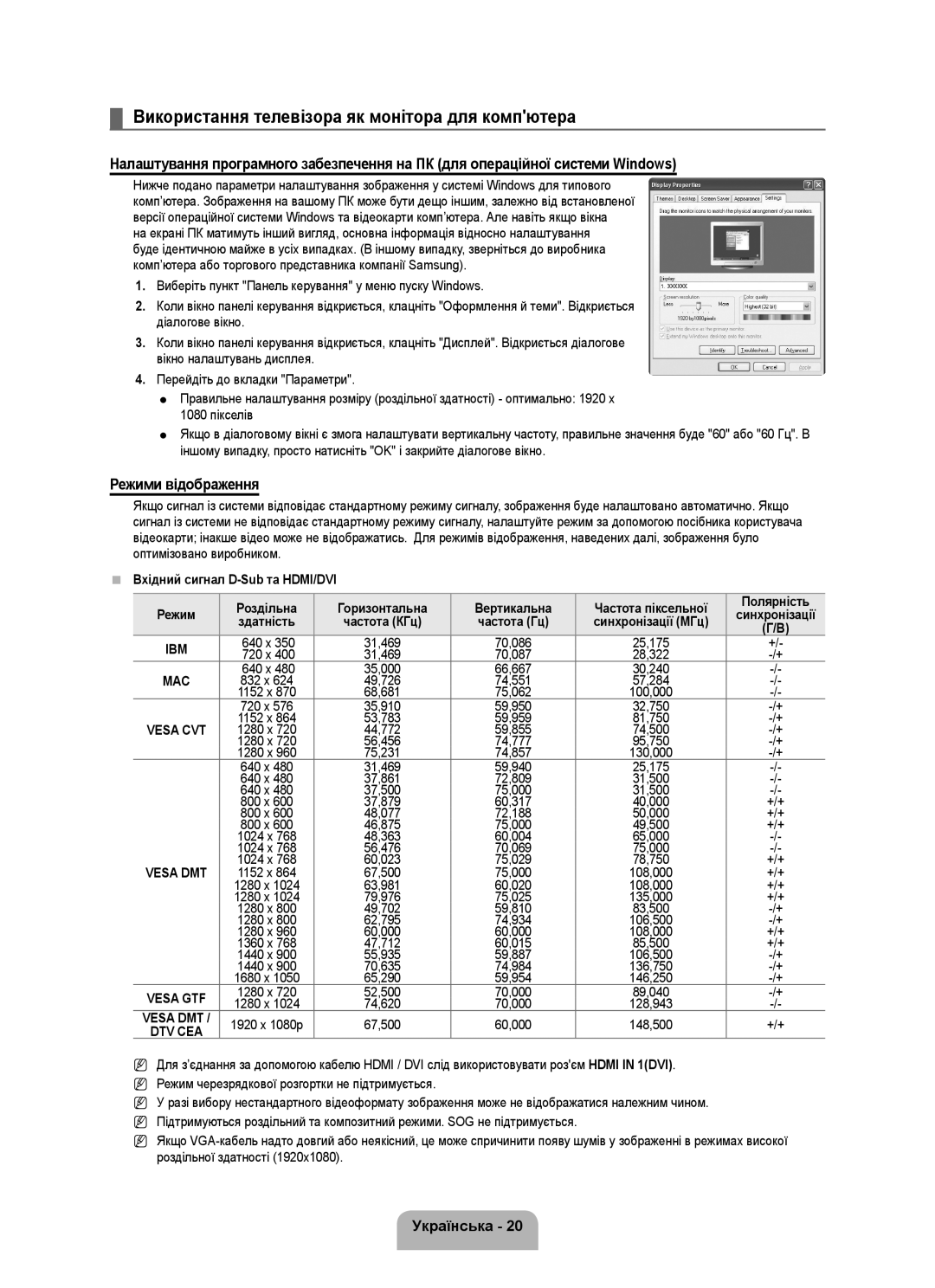Samsung UE46B6000VWXUA, UE40B6000VWXXN Використання телевізора як монітора для компютера, Режими відображення, Українська 