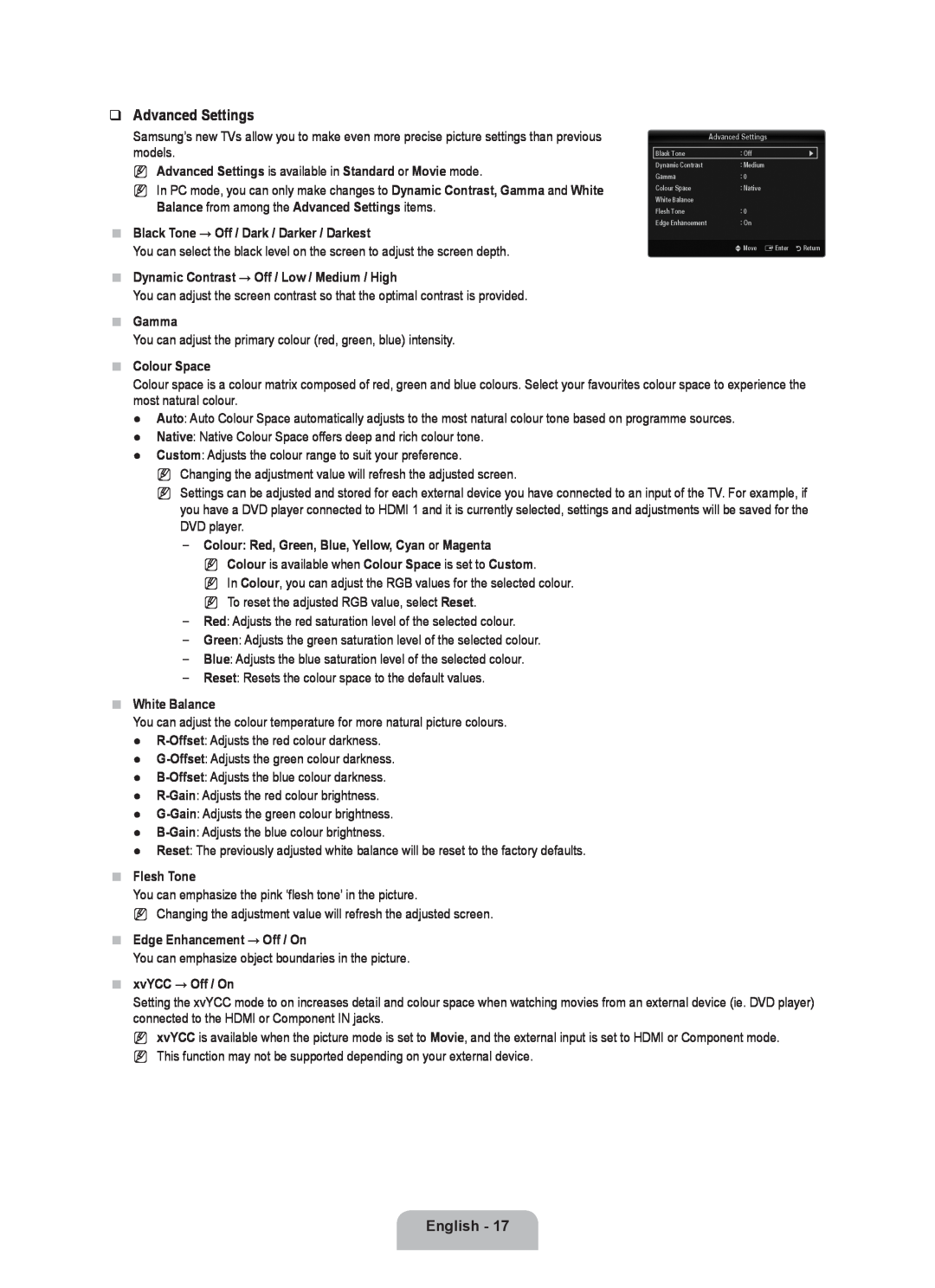 Samsung UE40B6000VWXXU N Advanced Settings is available in Standard or Movie mode, Gamma, Colour Space, White Balance 