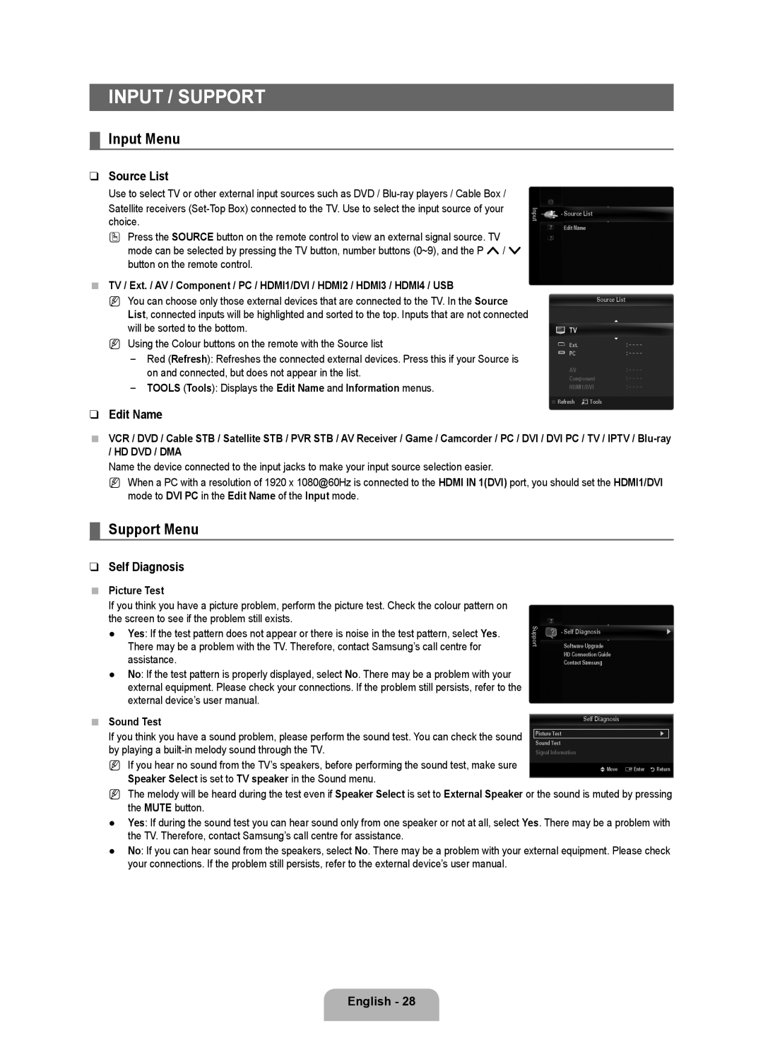 Samsung UE46B6000VWXZG Input / Support, Input Menu, Support Menu, Source List, Edit Name, Self Diagnosis, Picture Test 