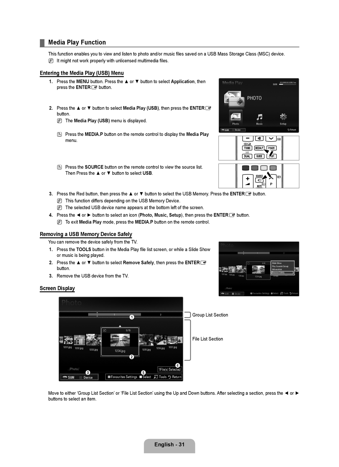 Samsung UE40B6000VWXUA Media Play Function, Entering the Media Play USB Menu, Removing a USB Memory Device Safely, Photo 