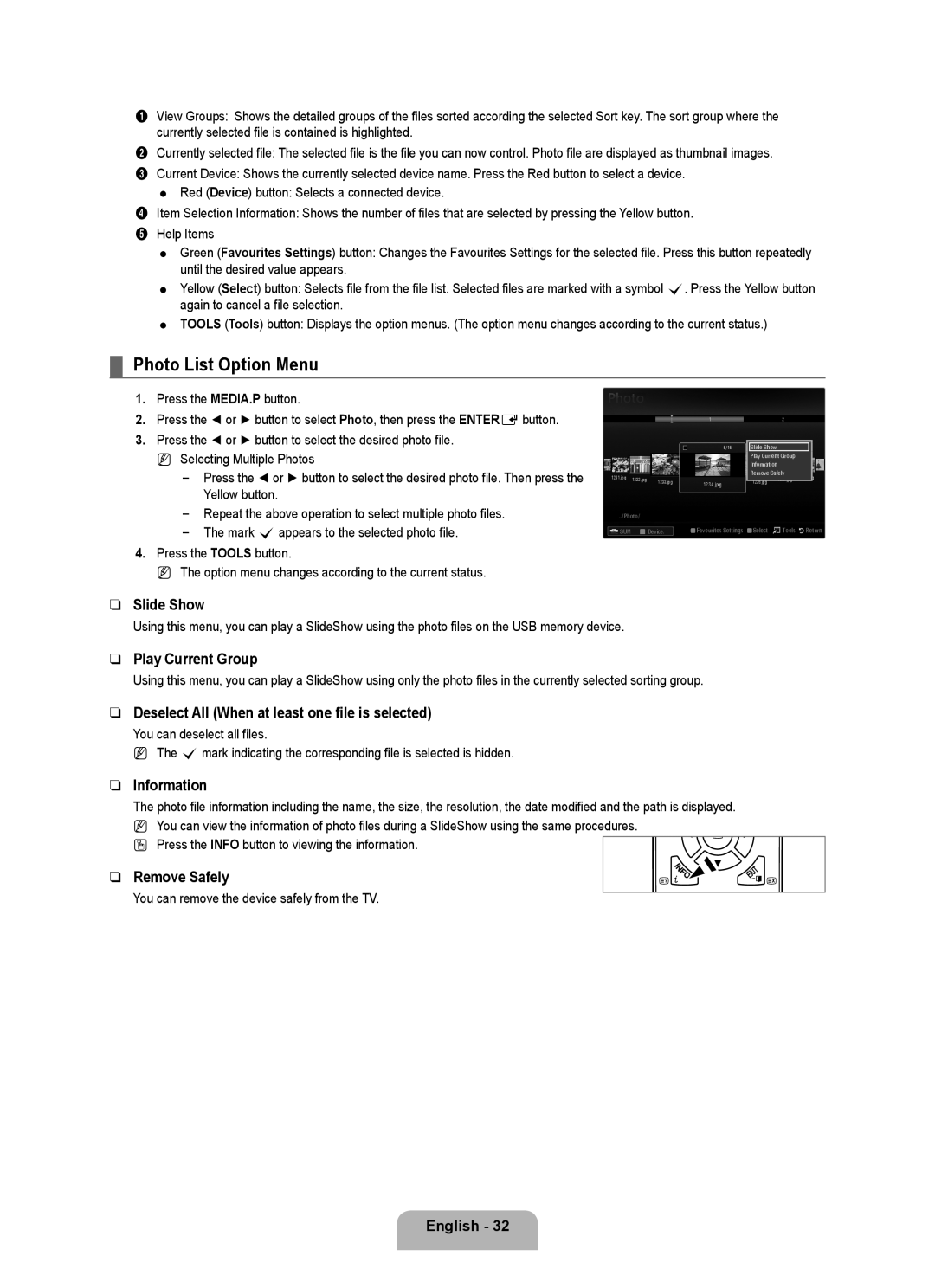 Samsung UE40B6000VWXZG manual Photo List Option Menu, Slide Show, Play Current Group, Information, Remove Safely, English 