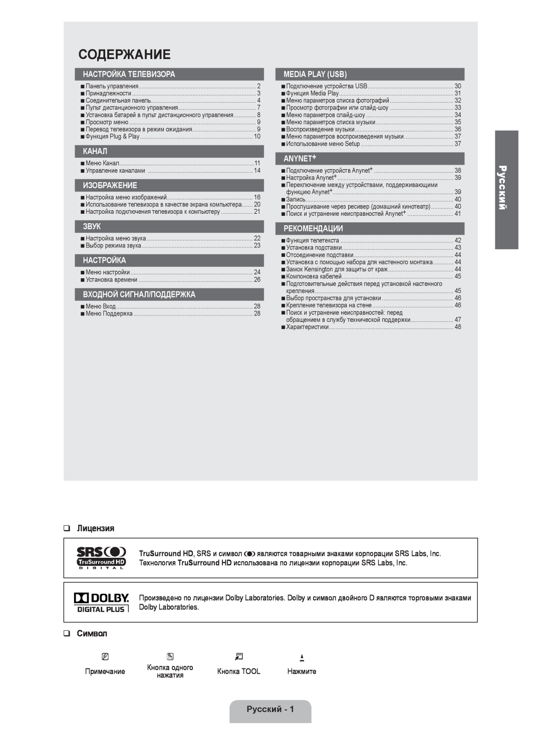 Samsung UE40B6000VWXUA Содержание, Русский, Лицензия, Символ, Настройка телевизора, Канал, Изображение, Звук, Рекомендации 