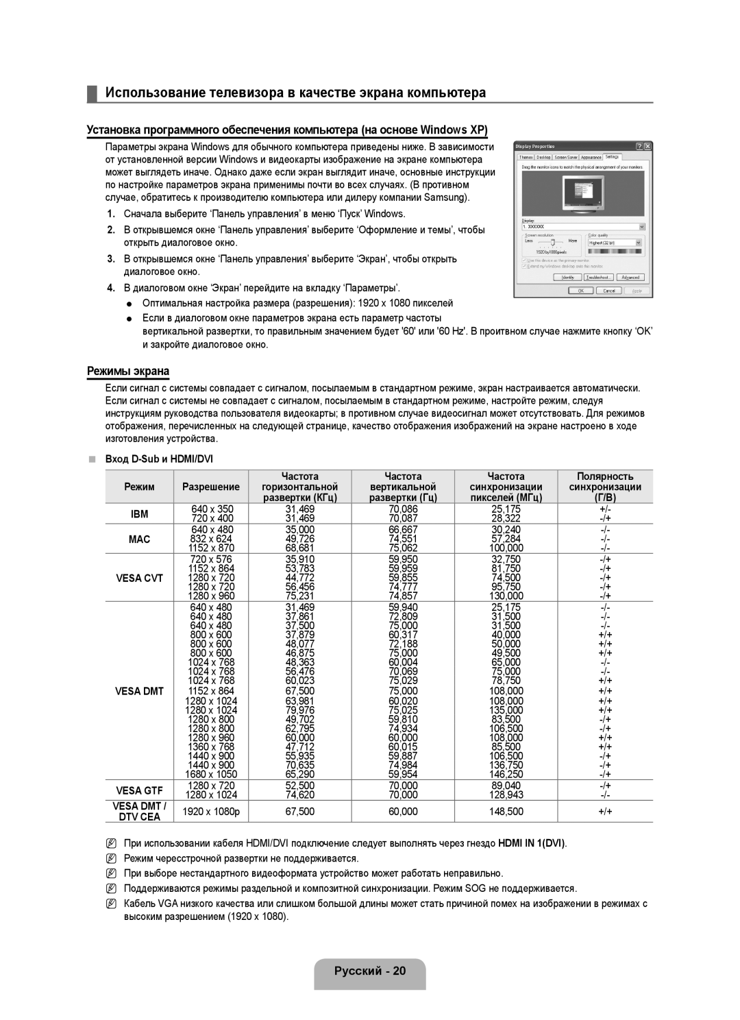 Samsung UE46B6000VWXXN manual Использование телевизора в качестве экрана компьютера, Режимы экрана, Вход D-Sub и HDMI/DVI 
