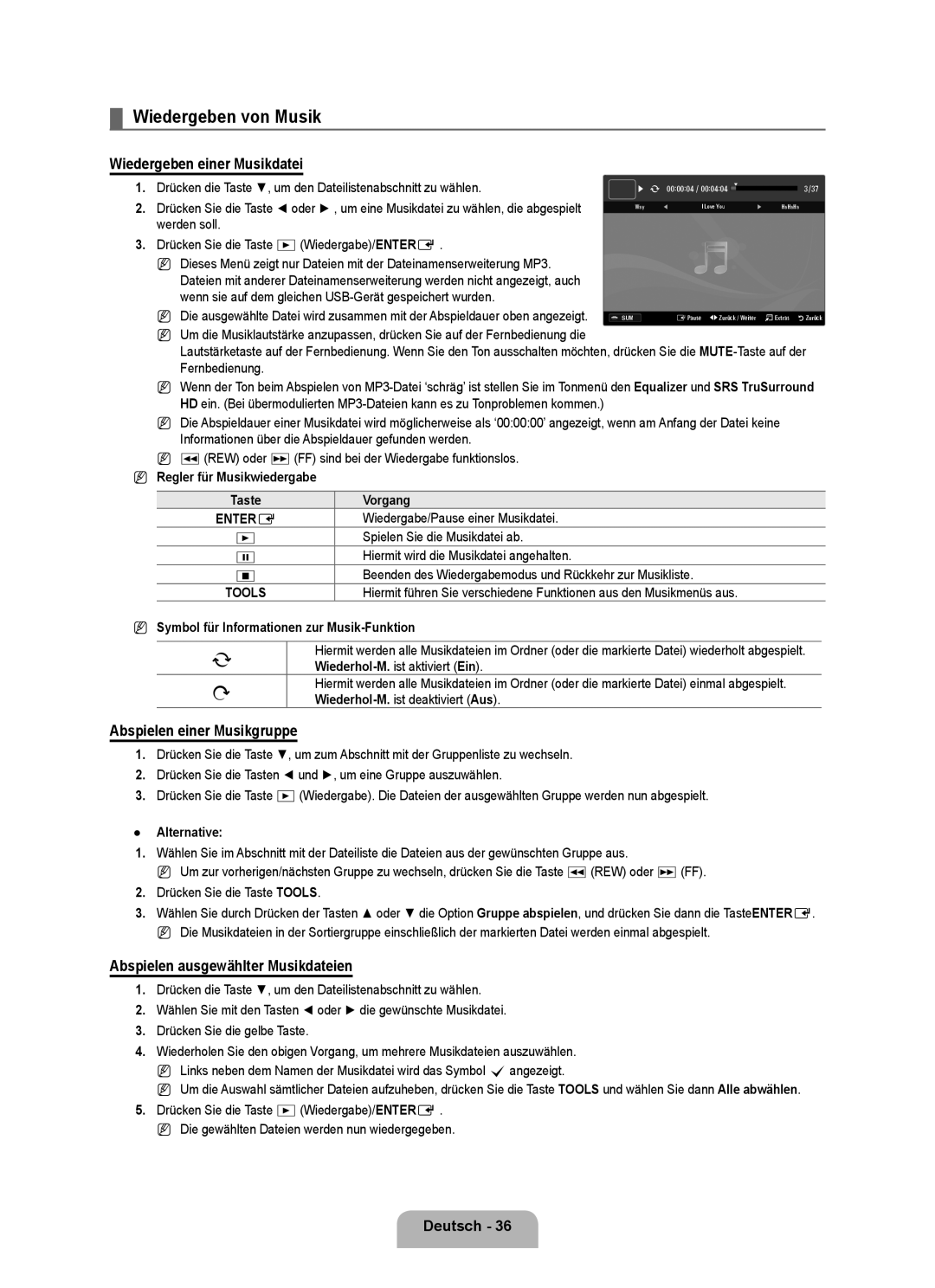 Samsung UE32B6000VWXBT, UE40B6000VWXXN Wiedergeben von Musik, Wiedergeben einer Musikdatei, Abspielen einer Musikgruppe 