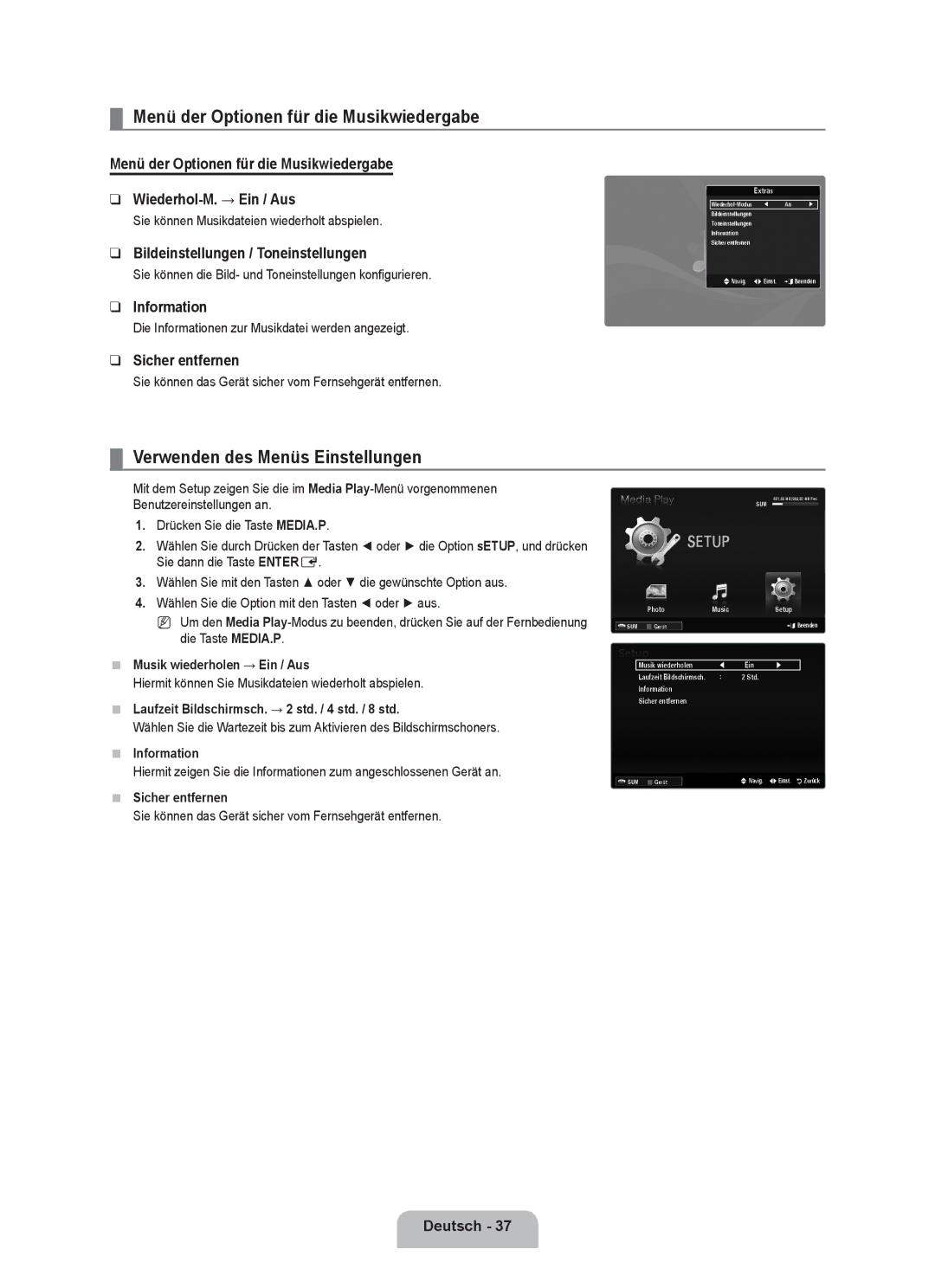 Samsung UE32B6000VWXXH Menü der Optionen für die Musikwiedergabe, Verwenden des Menüs Einstellungen, Sicher entfernen 