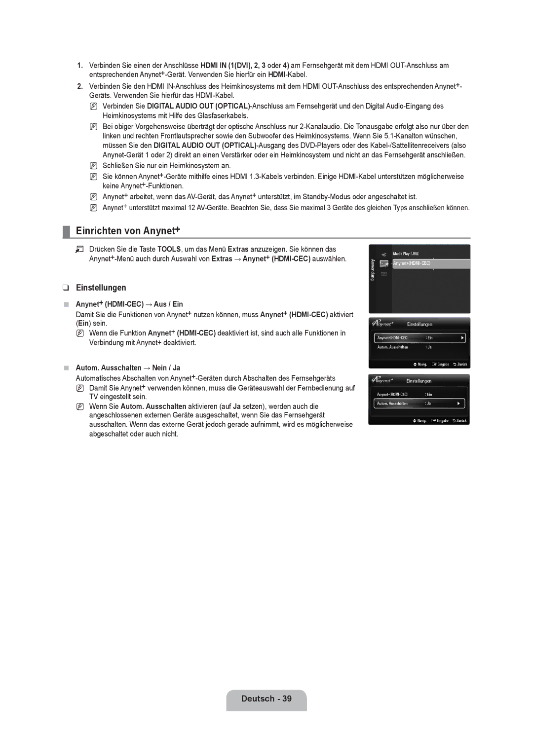 Samsung UE40B6000VWXUA Einrichten von Anynet+, Einstellungen, Anynet+ HDMI-CEC → Aus / Ein, Autom. Ausschalten → Nein / Ja 