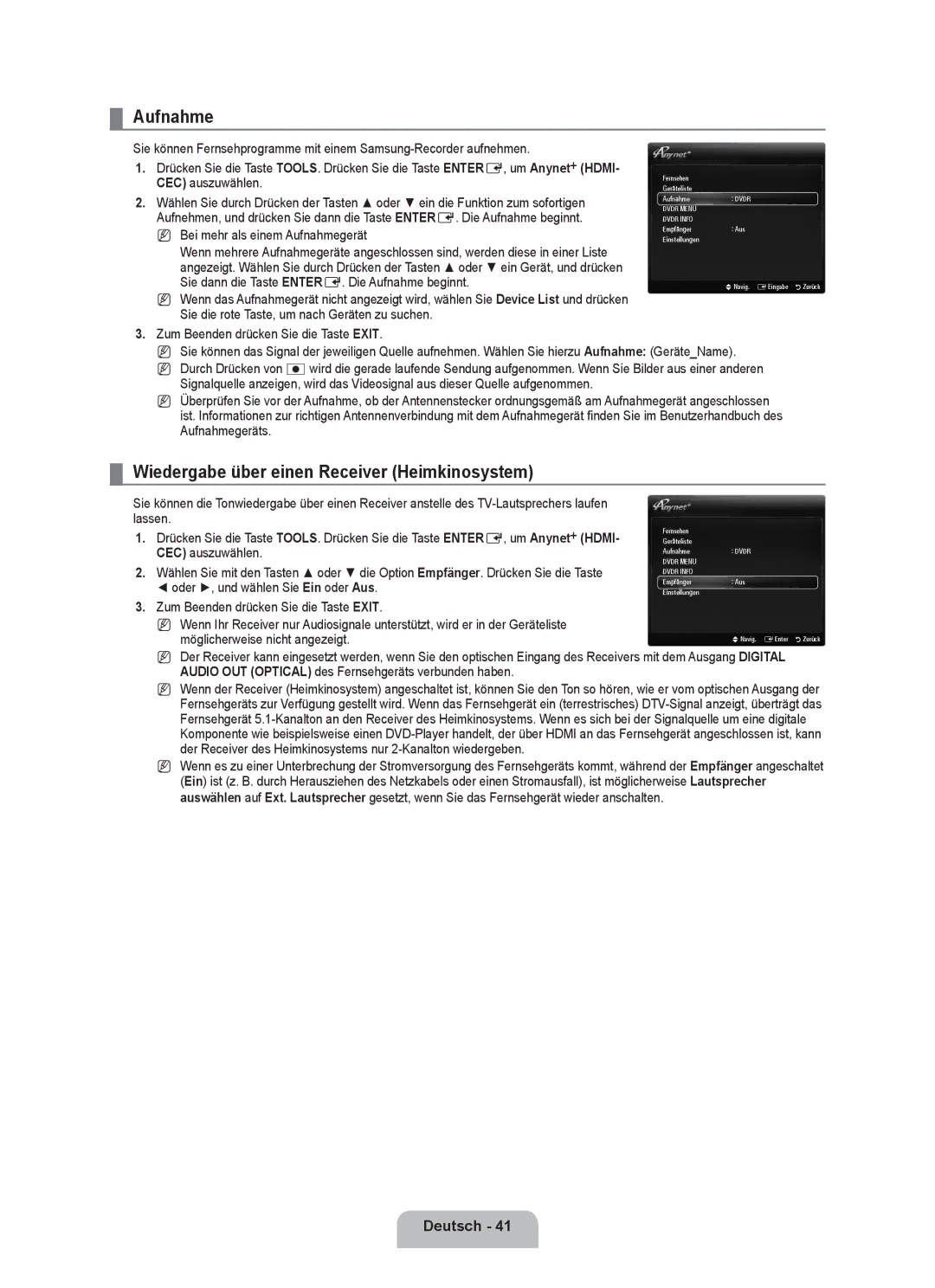 Samsung UE40B6000VWXZG, UE40B6000VWXXN manual Aufnahme, Wiedergabe über einen Receiver Heimkinosystem, CEC auszuwählen 