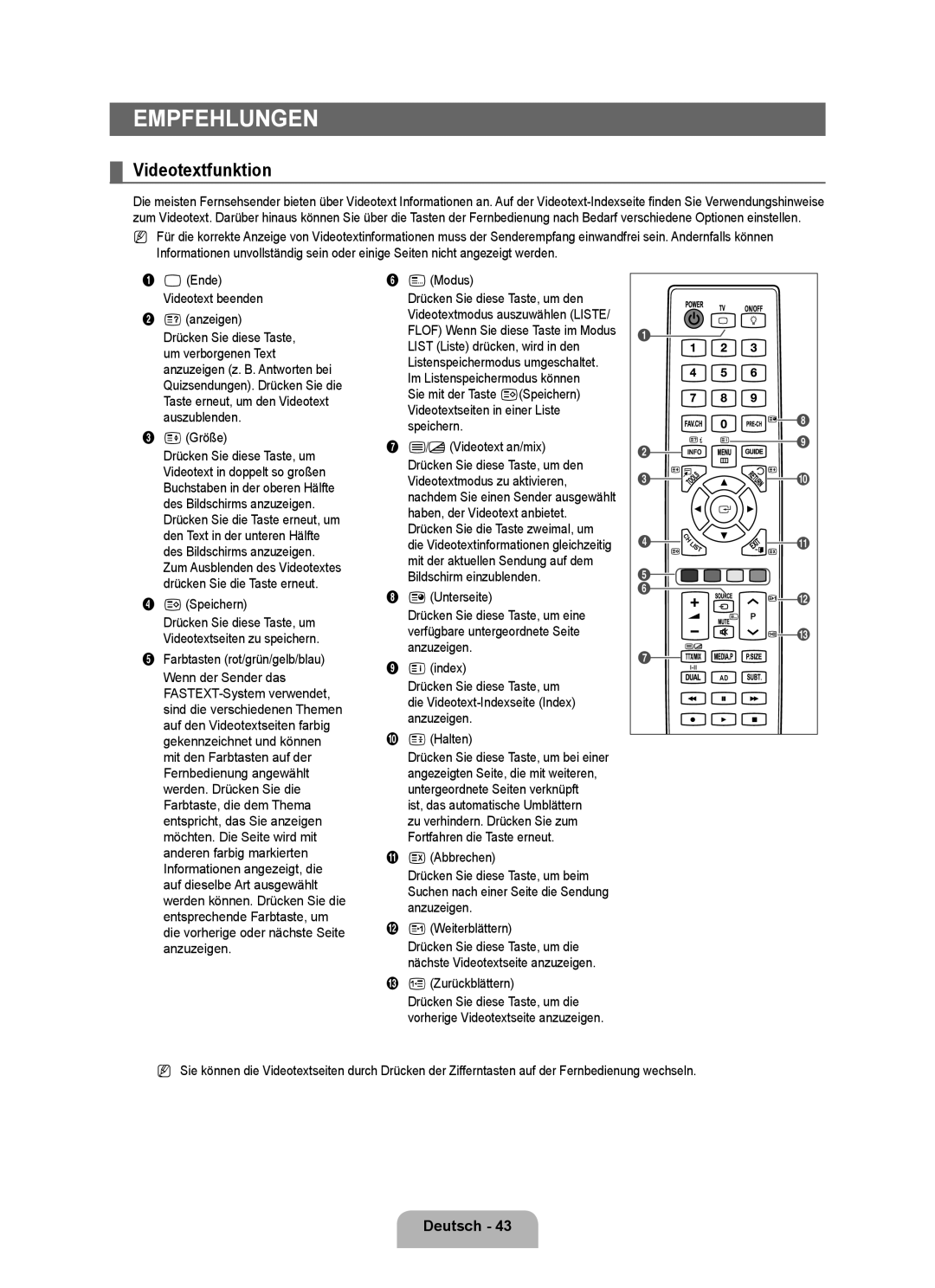 Samsung UE32B6000VWXUA, UE40B6000VWXXN, UE40B6000VWXUA, UE46B6000VPXXN, UE40B6000VWXZG manual Empfehlungen, Videotextfunktion 