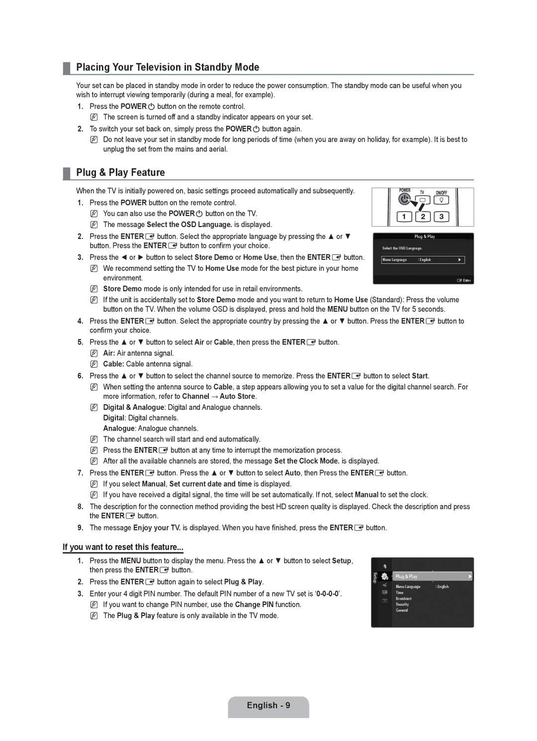 Samsung UE46B6000VWXUA Placing Your Television in Standby Mode, Plug & Play Feature, If you want to reset this feature 