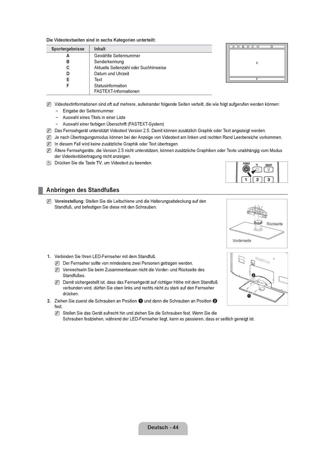 Samsung UE46B6000VPXZG, UE40B6000VWXXN, UE40B6000VWXUA, UE46B6000VPXXN manual Anbringen des Standfußes, Gewählte Seitennummer 