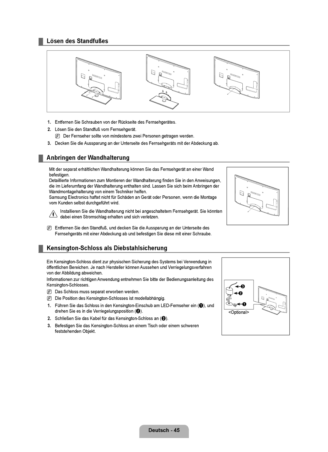 Samsung UE32B6000VWXZG manual Lösen des Standfußes, Anbringen der Wandhalterung, Kensington-Schloss als Diebstahlsicherung 