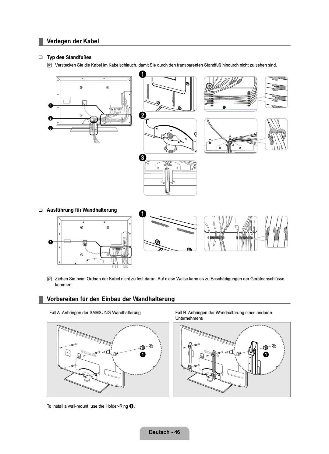 Samsung UE32B6000VPXZG manual Verlegen der Kabel, Vorbereiten für den Einbau der Wandhalterung, Typ des Standfußes 