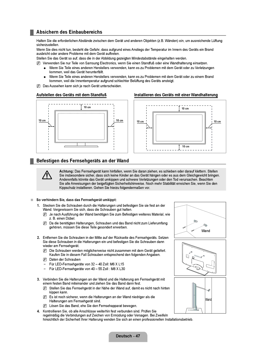 Samsung UE32B6000VPXXN, UE40B6000VWXXN Absichern des Einbaubereichs, Befestigen des Fernsehgeräts an der Wand, Deutsch 4 