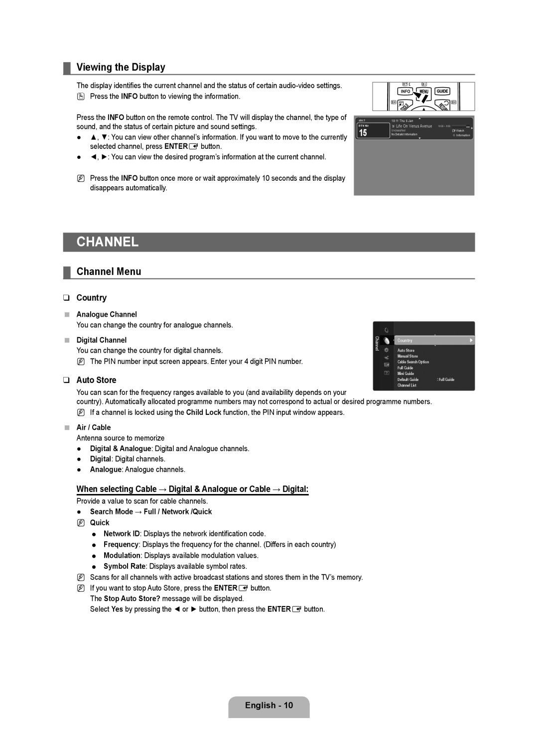 Samsung UE46B6000VWXZG, UE40B6000VWXXN, UE40B6000VWXUA, UE46B6000VPXXN manual Viewing the Display, Channel Menu, Country 