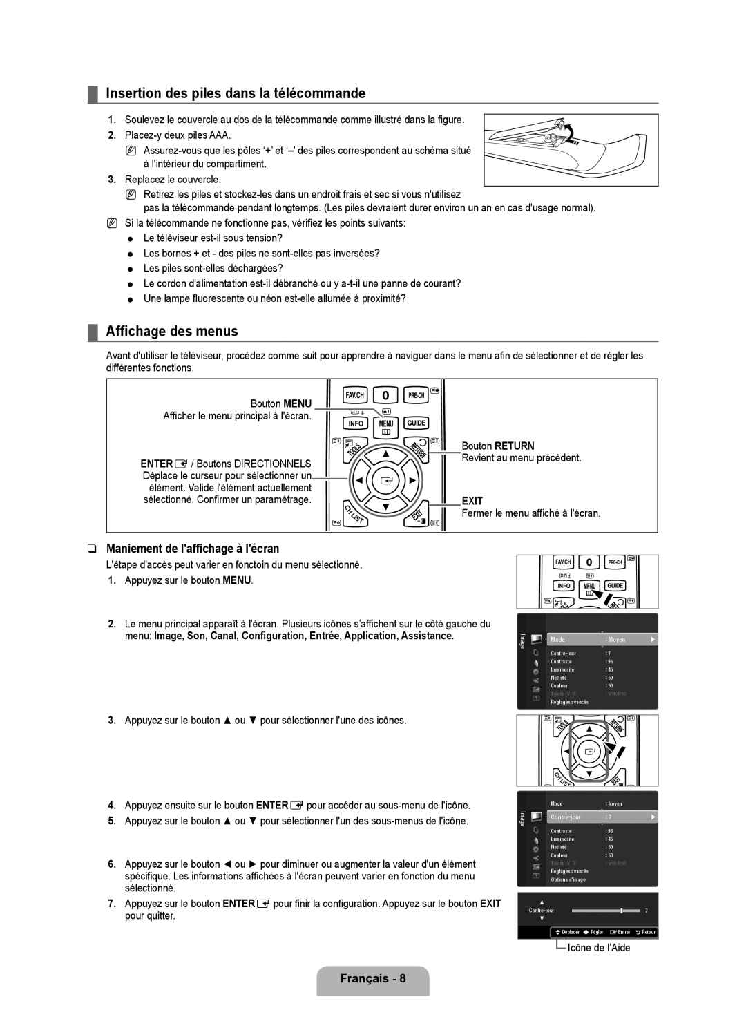 Samsung UE40B6000VWXXH Insertion des piles dans la télécommande, Affichage des menus, Maniement de laffichage à lécran 