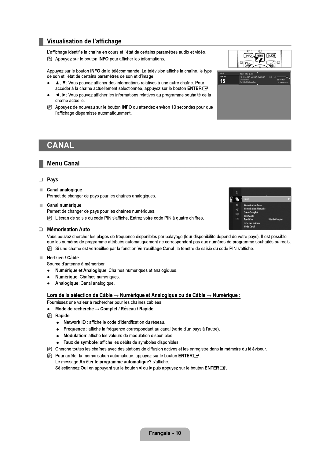 Samsung UE40B6000VWXBT, UE40B6000VWXXN, UE40B6000VWXUA Visualisation de l’affichage, Menu Canal, Pays, Mémorisation Auto 