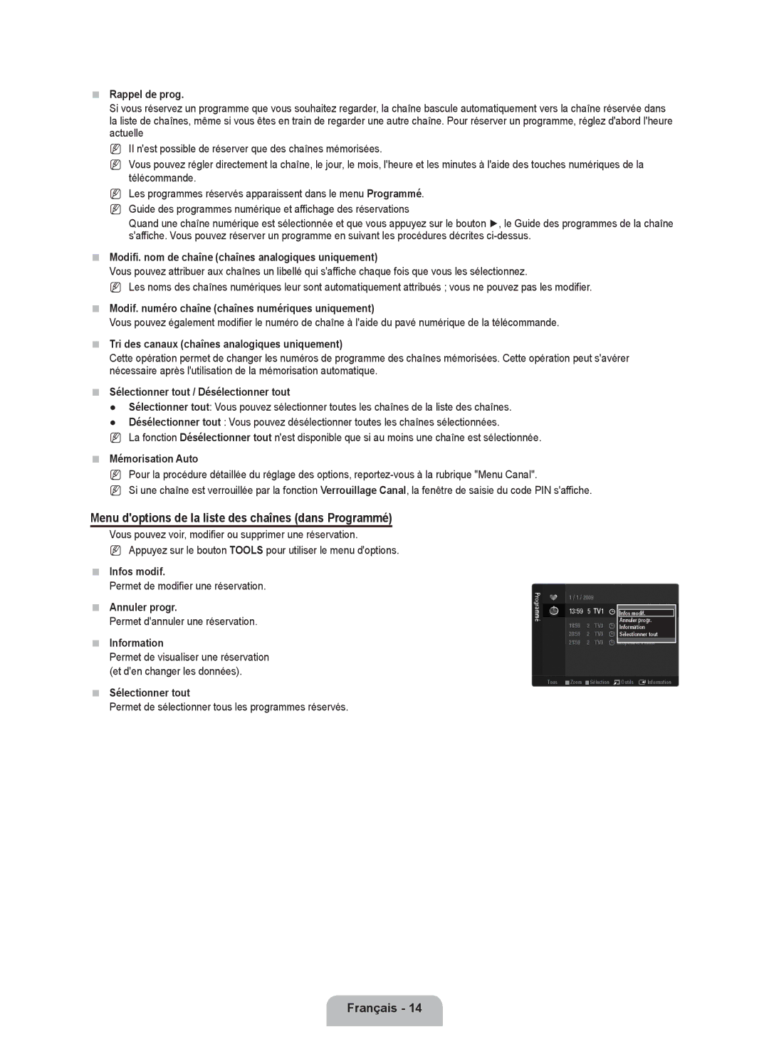 Samsung UE40B6000VWXXN, UE40B6000VWXUA, UE46B6000VPXXN, UE40B6000VWXZG Menu doptions de la liste des chaînes dans Programmé 