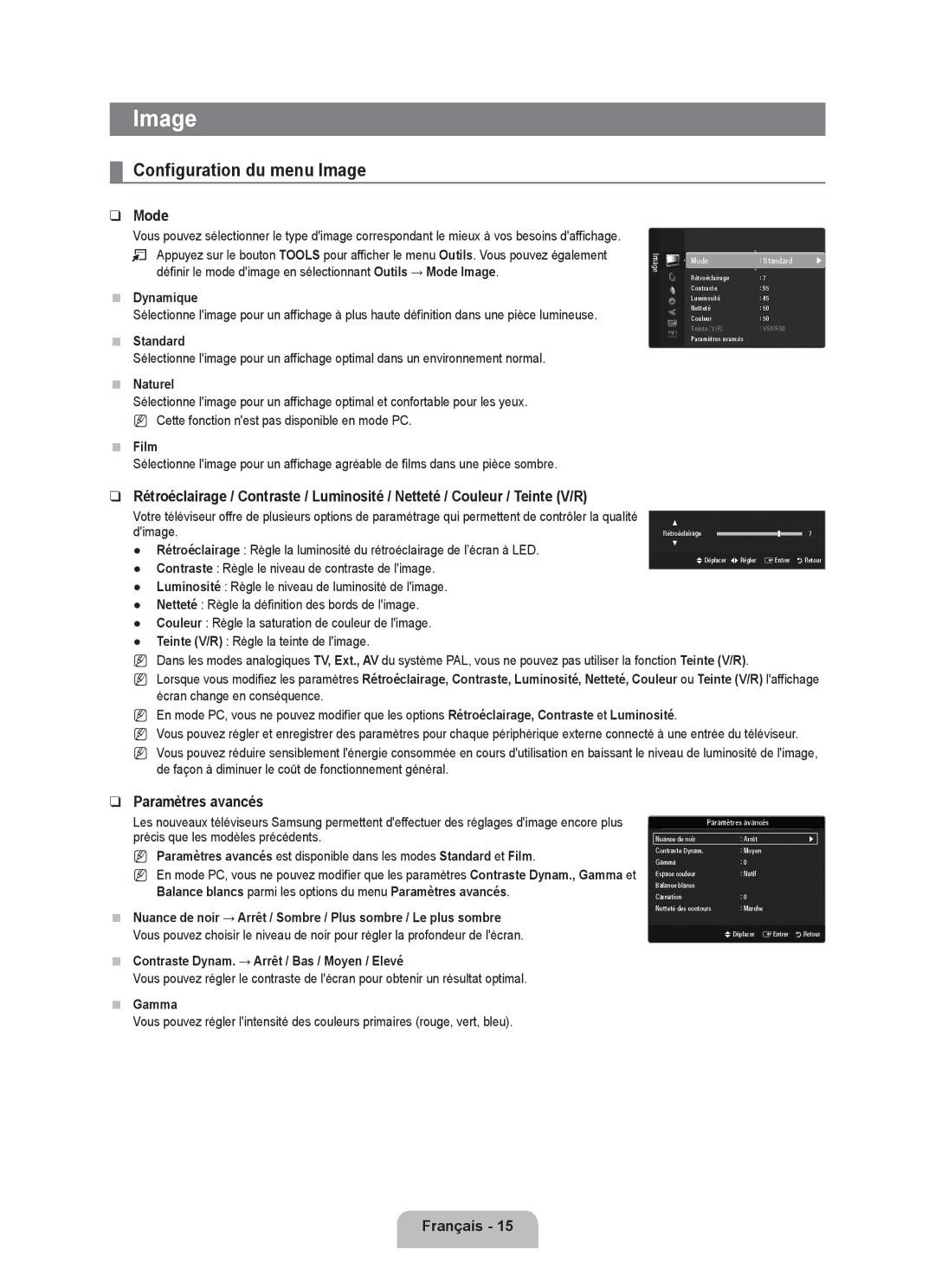 Samsung UE40B6000VWXUA, UE40B6000VWXXN, UE46B6000VPXXN Configuration du menu Image, Paramètres avancés, Dynamique, Naturel 