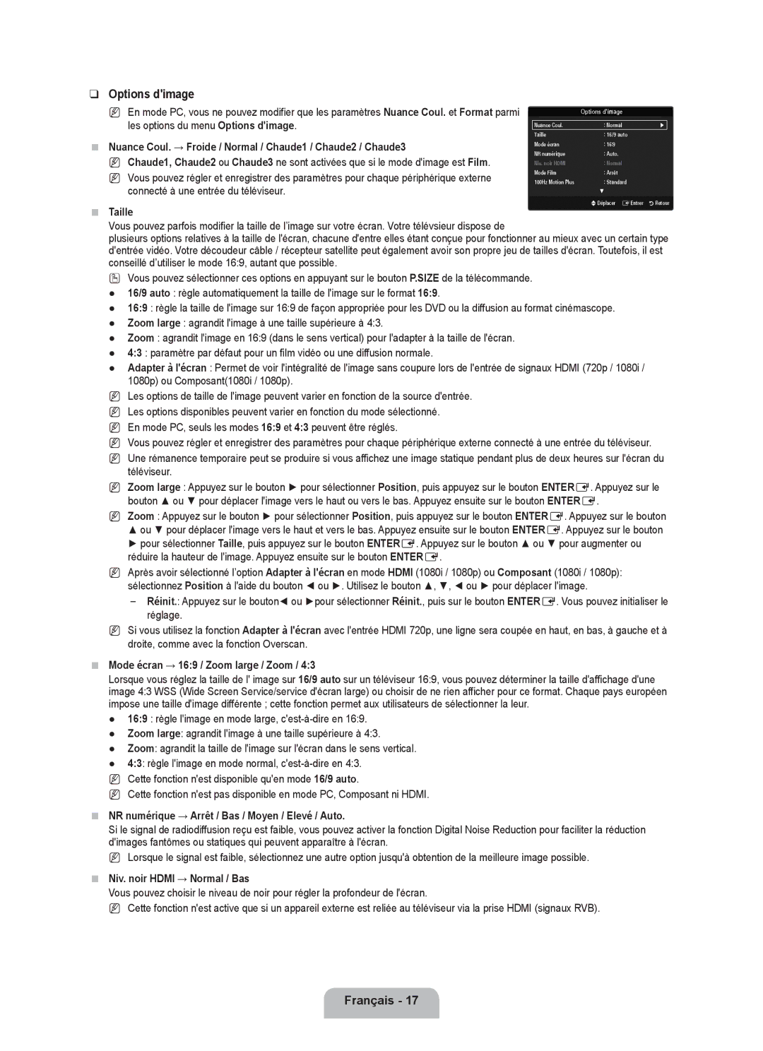 Samsung UE40B6000VWXZG manual Options dimage, Taille, Mode écran → 169 / Zoom large / Zoom, Niv. noir Hdmi → Normal / Bas 