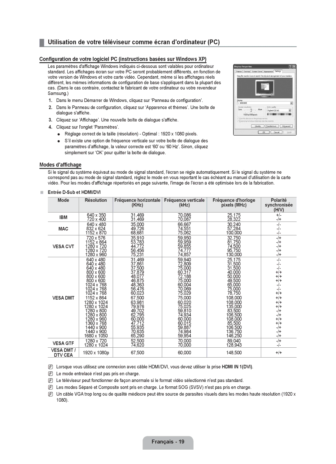 Samsung UE32B6000VWXUA, UE40B6000VWXXN manual Utilisation de votre téléviseur comme écran dordinateur PC, Modes daffichage 