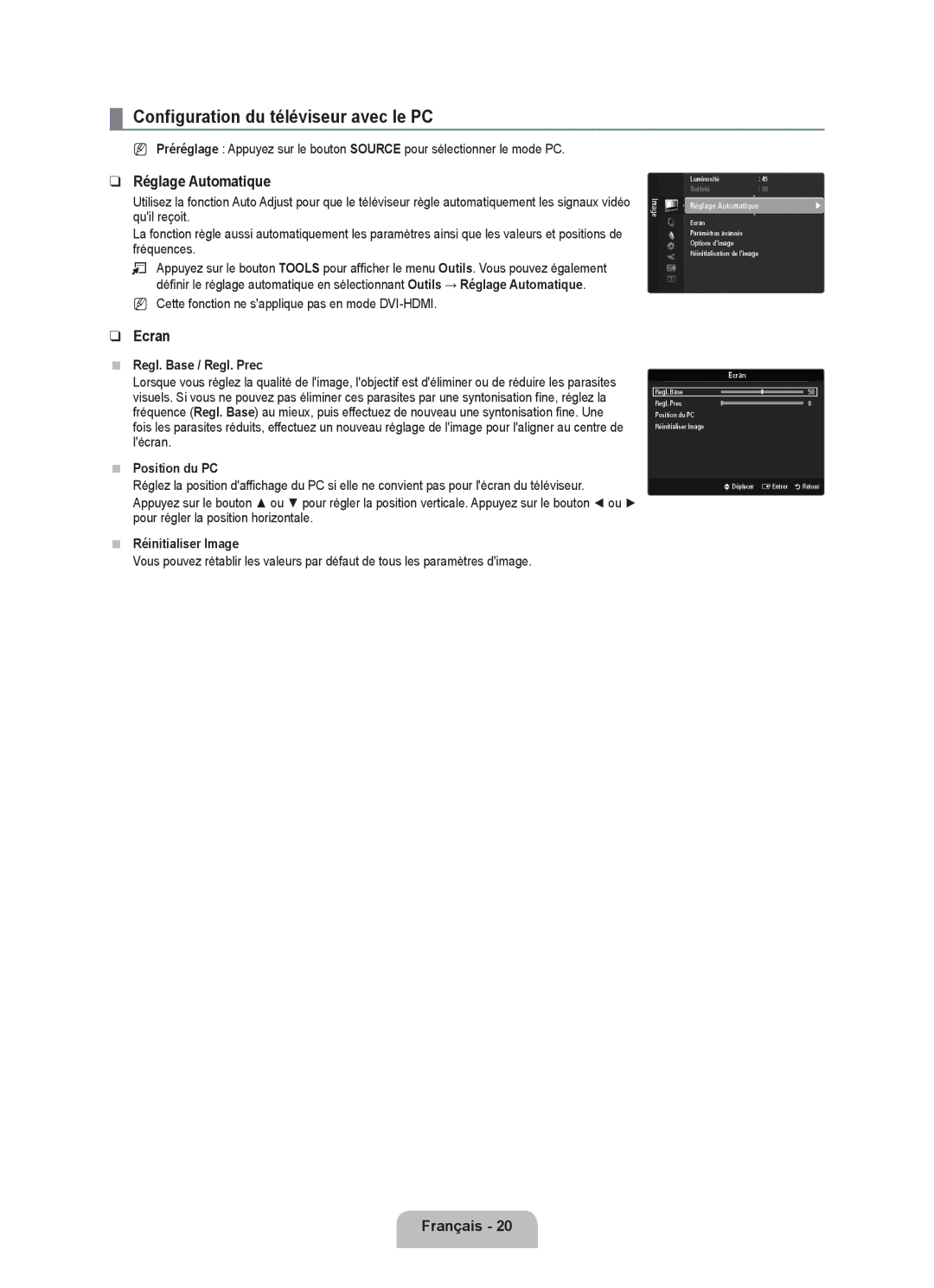 Samsung UE46B6000VPXZG, UE40B6000VWXXN, UE40B6000VWXUA Configuration du téléviseur avec le PC, Réglage Automatique, Ecran 