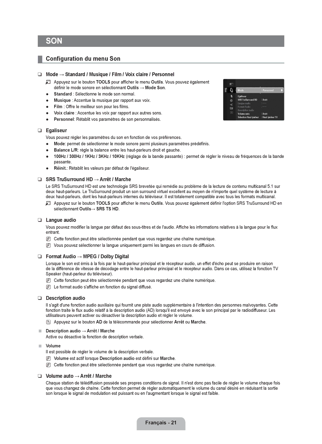 Samsung UE32B6000VWXZG, UE40B6000VWXXN, UE40B6000VWXUA, UE46B6000VPXXN, UE40B6000VWXZG manual Configuration du menu Son 