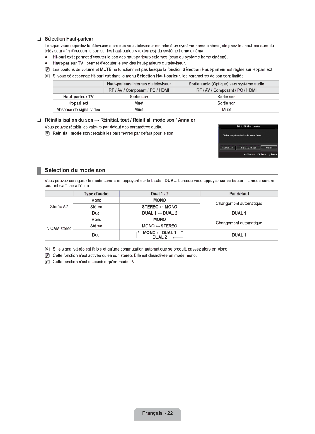 Samsung UE32B6000VPXZG manual Sélection du mode son, Sélection Haut-parleur, Type daudio Dual 1 Par défaut, Stéréo A2 