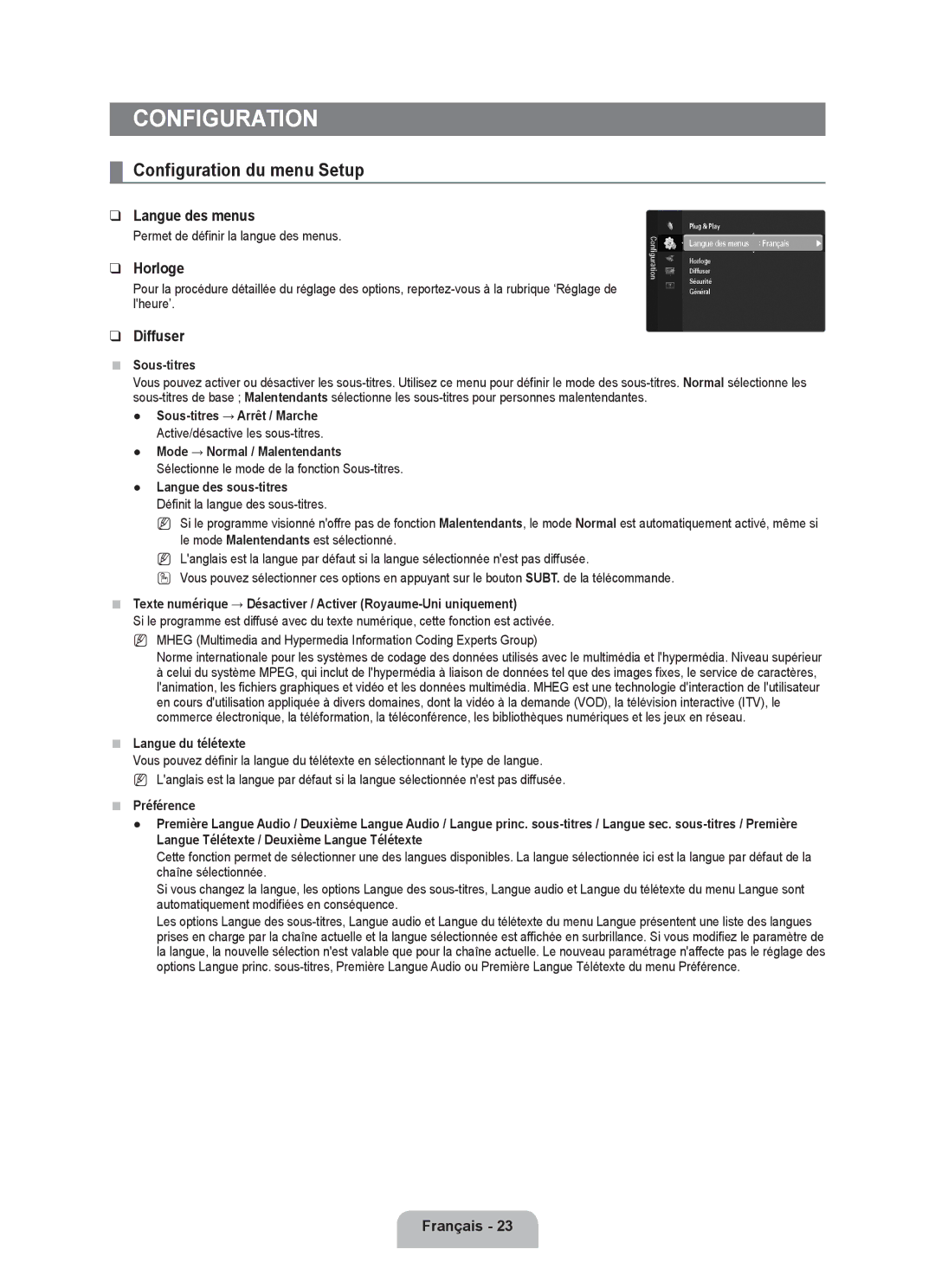 Samsung UE32B6000VPXXN, UE40B6000VWXXN, UE40B6000VWXUA Configuration du menu Setup, Langue des menus, Horloge, Diffuser 