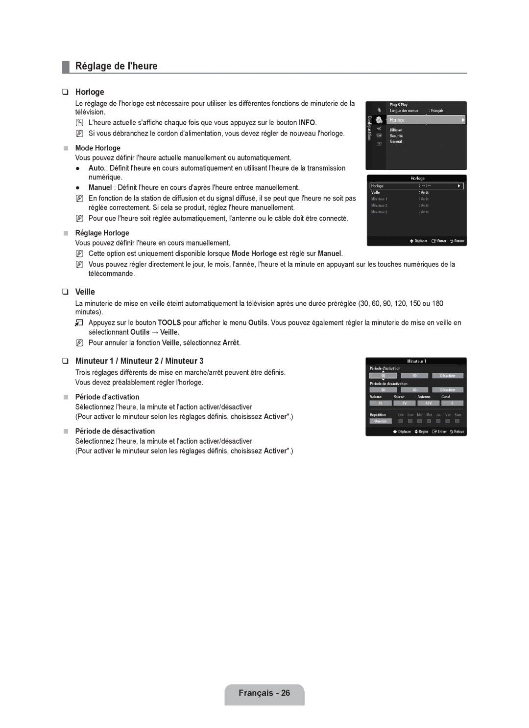 Samsung UE46B6000VWXZG manual Réglage de lheure Horloge, Veille, Minuteur 1 / Minuteur 2 / Minuteur, Période dactivation 