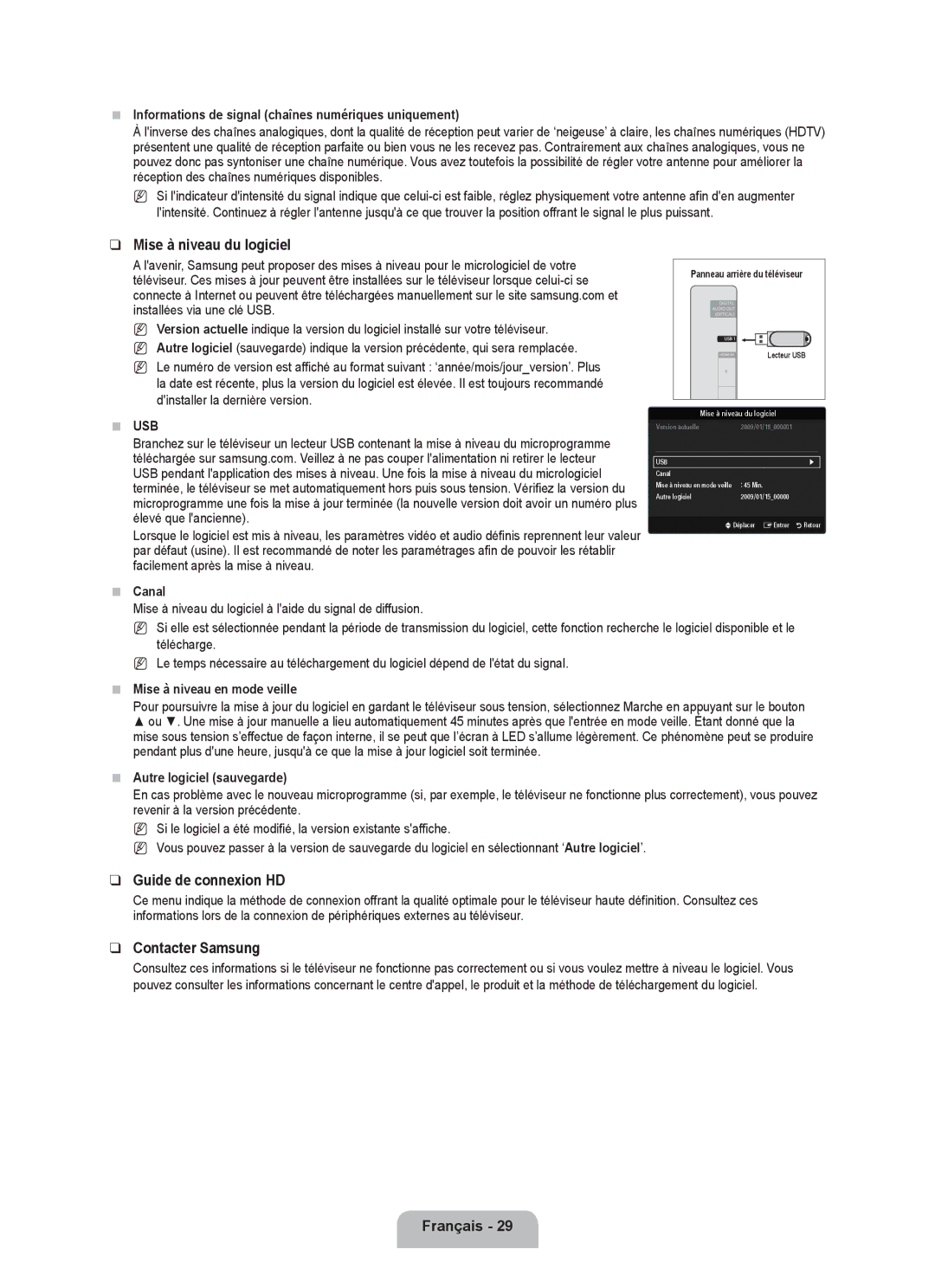 Samsung UE32B6000VPXXC, UE40B6000VWXXN, UE40B6000VWXUA Mise à niveau du logiciel, Guide de connexion HD, Contacter Samsung 