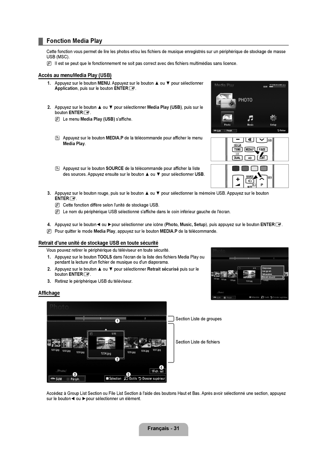 Samsung UE40B6000VWXXC, UE40B6000VWXXN, UE40B6000VWXUA manual Fonction Media Play, Accès au menuMedia Play USB, Affichage 