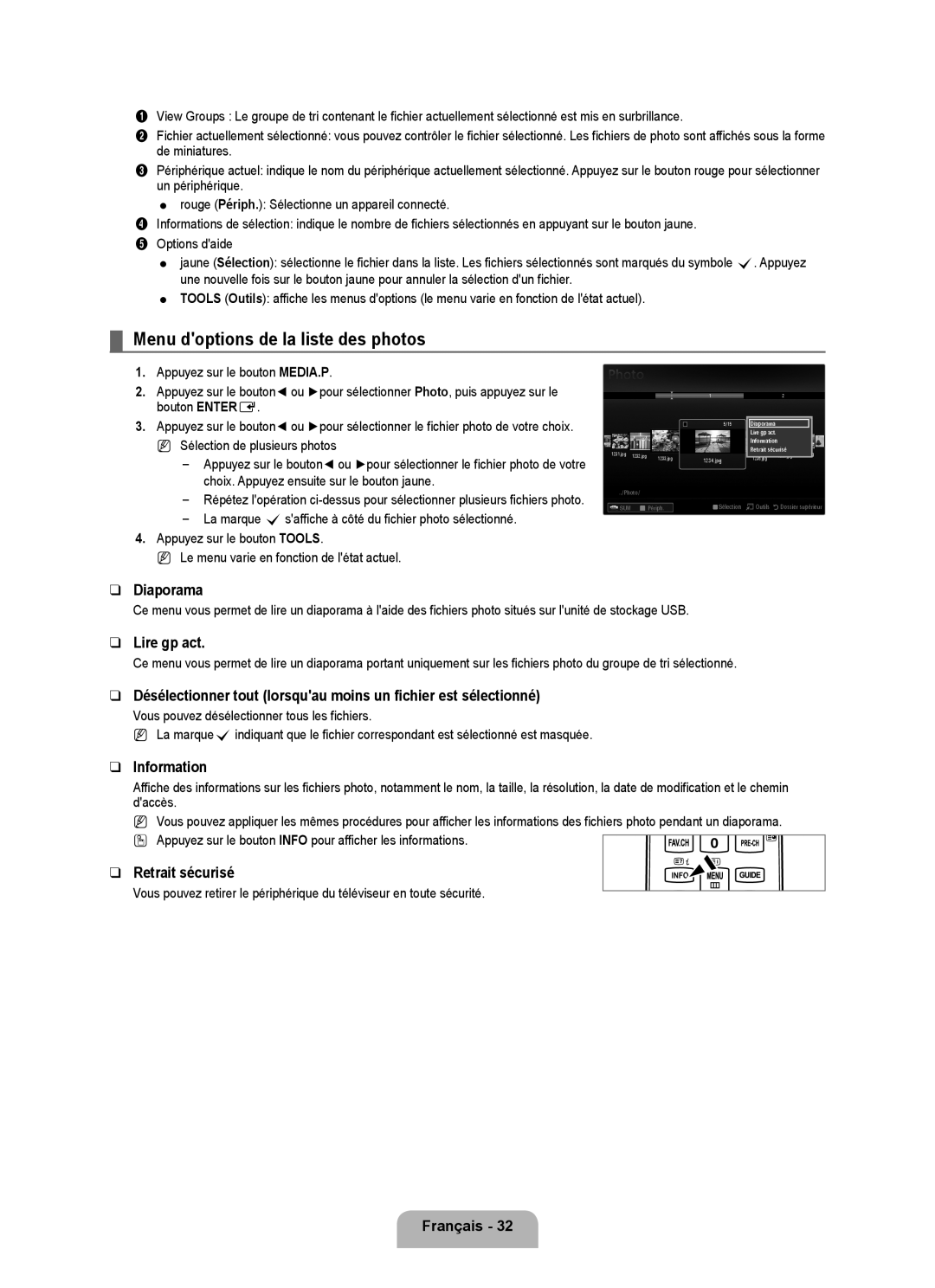 Samsung UE46B6000VWXXH, UE40B6000VWXXN manual Menu doptions de la liste des photos, Diaporama, Lire gp act, Retrait sécurisé 