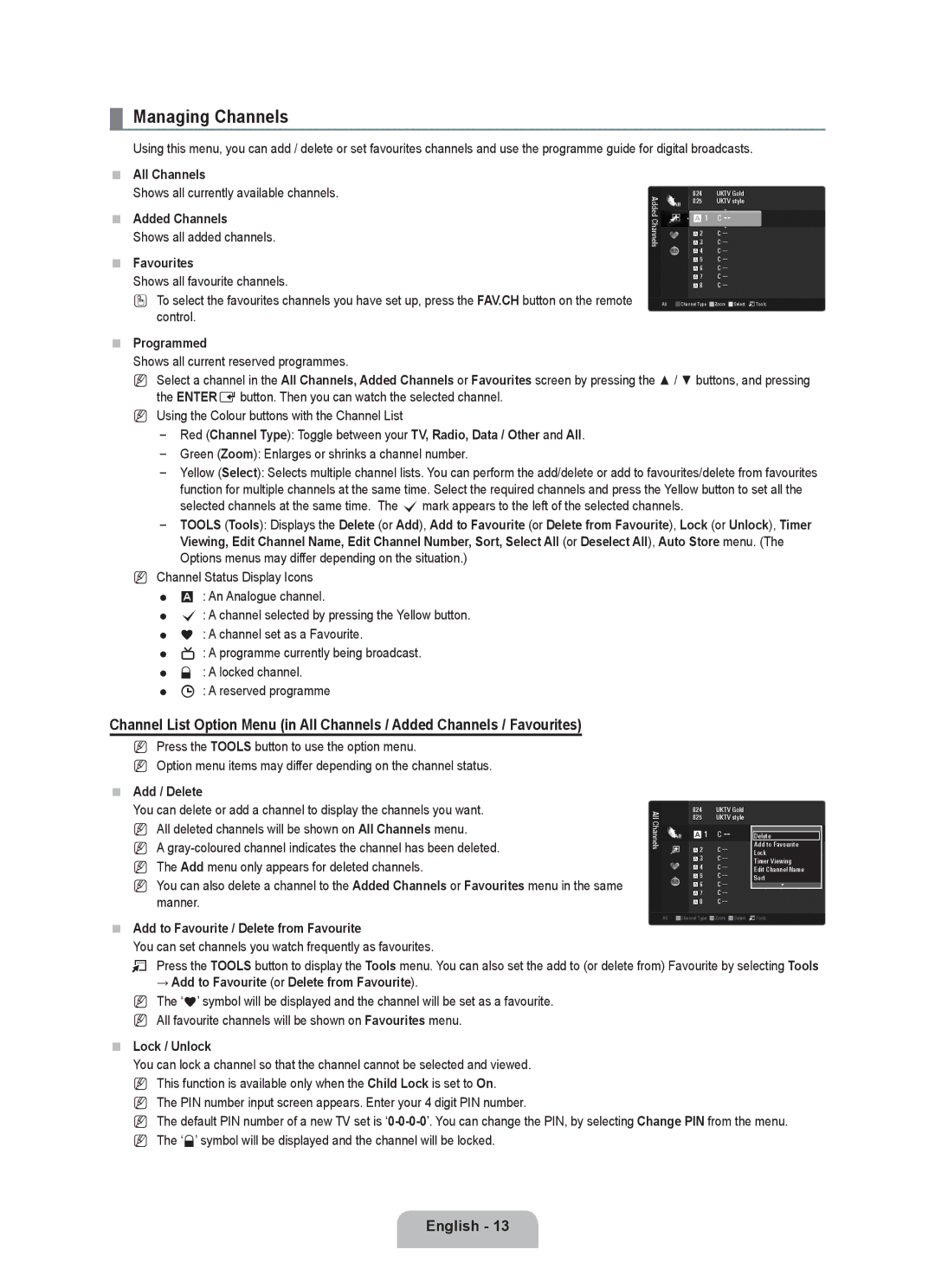 Samsung UE32B6000VPXXC, UE40B6000VWXXN, UE40B6000VWXUA, UE46B6000VPXXN, UE40B6000VWXZG, UE40B6000VWXXU manual Managing Channels 